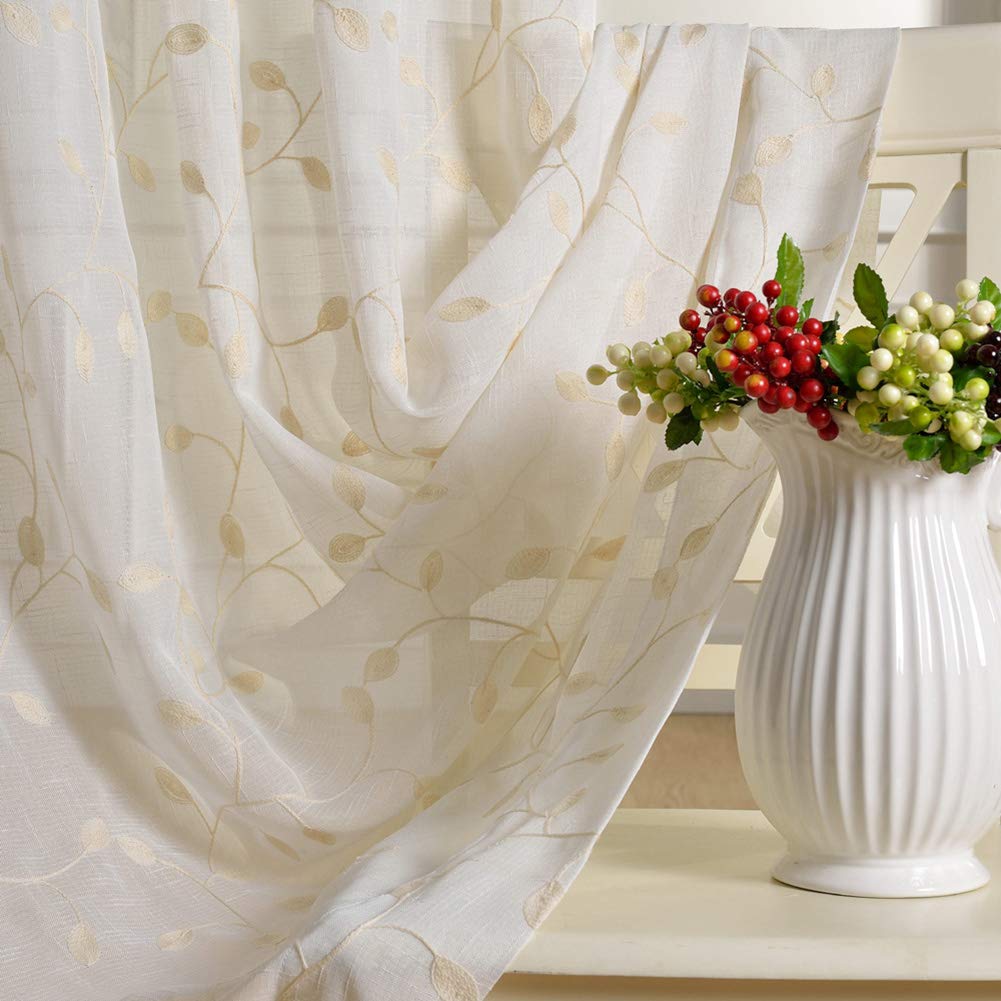 2er Set Stickerei Blätter Leinenoptik Vorhang Dekosachl Transparent Gardinen, mit Ösen Vorhang Voile Fenster für Wohnzimmer Kinderzimmer Schlafzimmer,Weiß,W200xL250cm