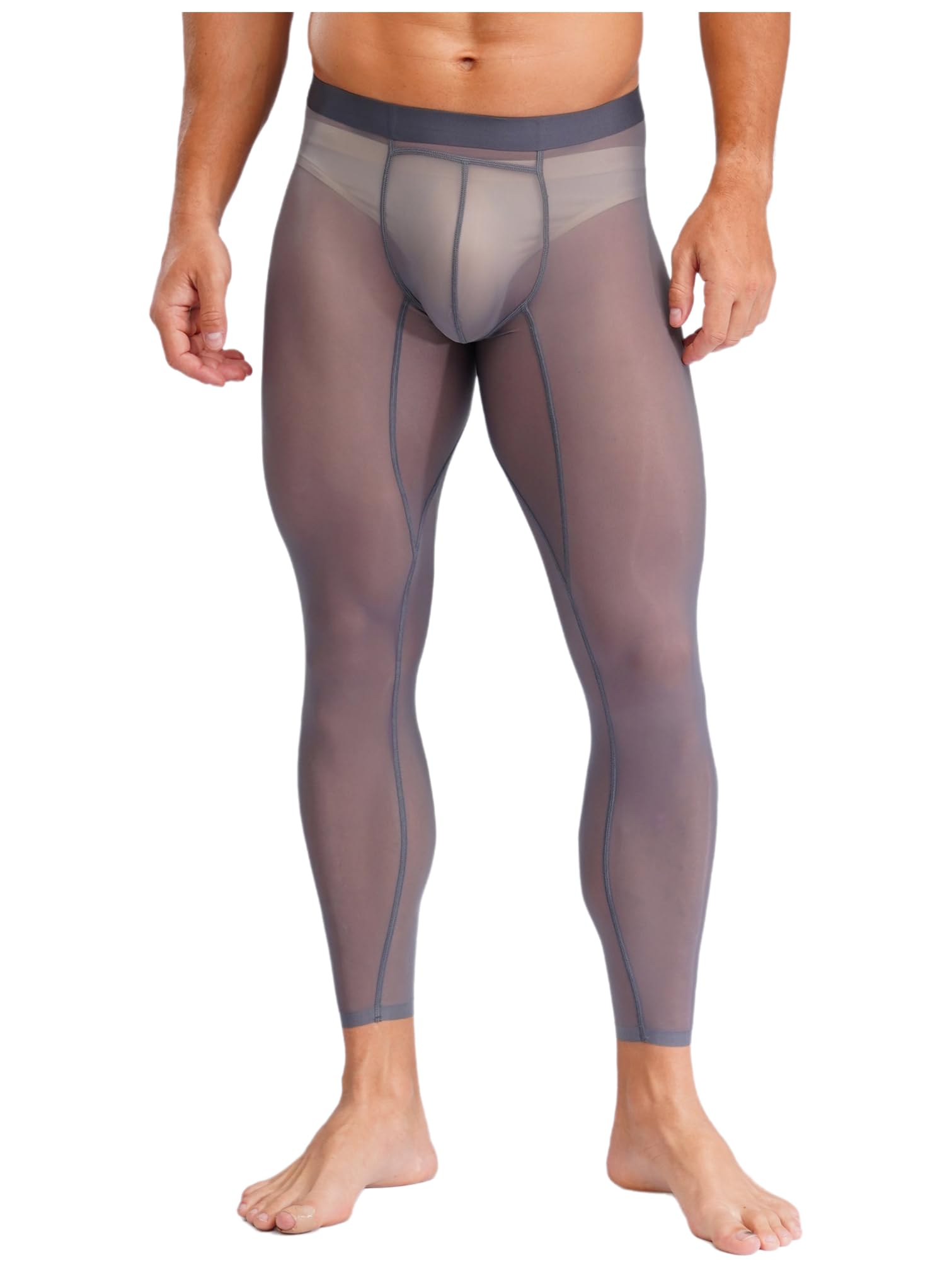 Men's Compression Pants Sheer Mesh See Through Leggings Workout Running Athletic Baselayer Tights