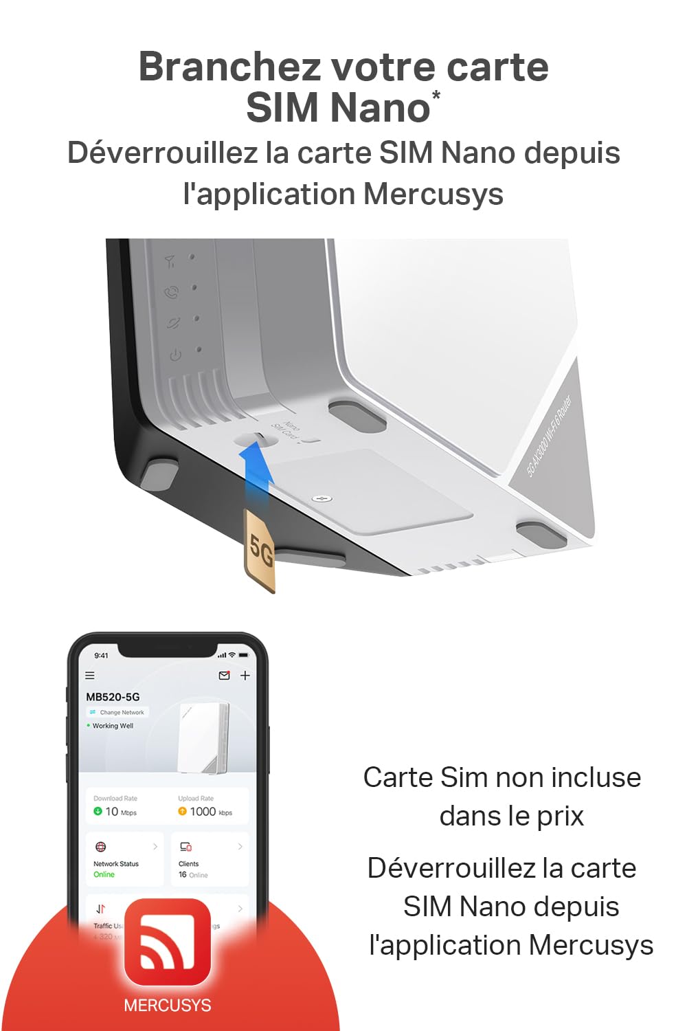 Mercusys TP-Link MB520-5G router 5G z Sim, WiFi 6 Dual-Band AX3000Mb/s, 2402 Mb/s przy 5 GHz+574 Mb/s w 2,4 GHz, port LAN/WAN 2,5 Gb/s, VPN, podłącz do 256 urządzeń, wtyczek i Play, App Bloy