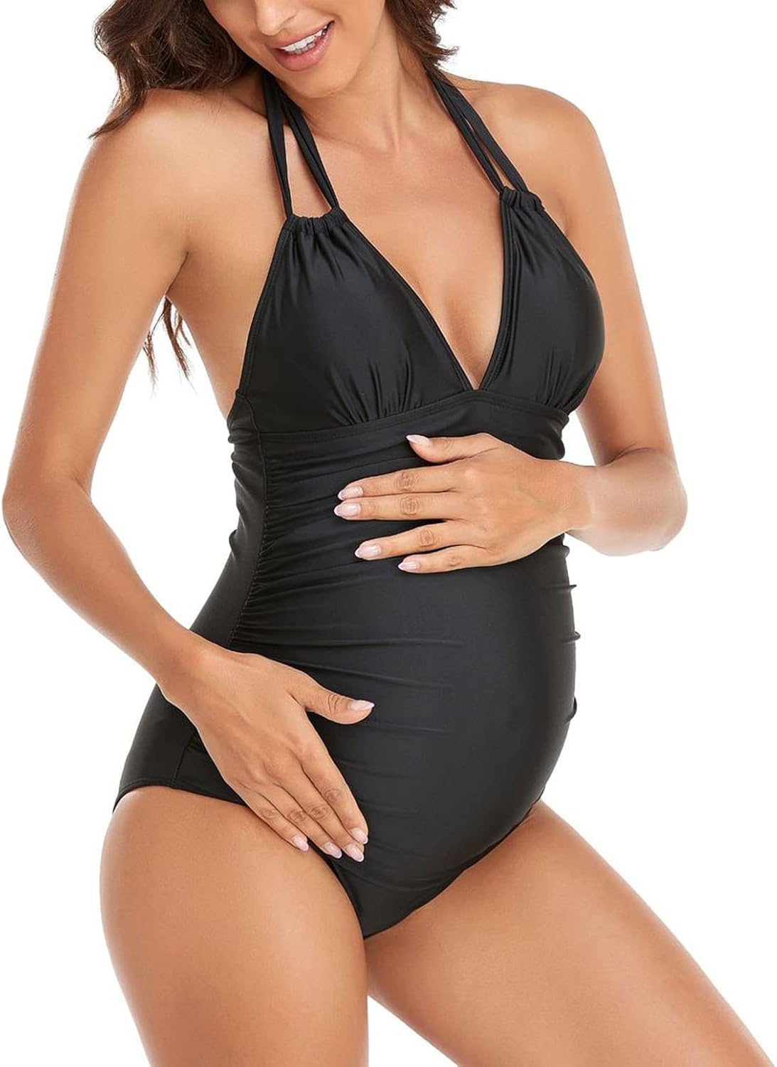 Maternity One Piece Swimsuit Halter V Neck Ruched Tummy Pregnancy Bathing Suit Bikini Beachwear
