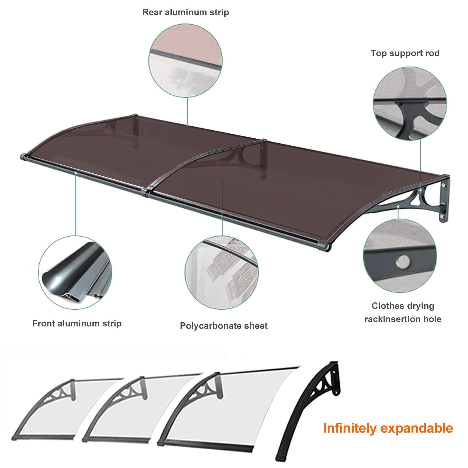 Pensilina Tettoia per Porta e Ingresso in Alluminio,Tende da Sole Marrone,Tendone in Policarbonato Curvo,Garden Pensilina da Esterno,Resistente ai Raggi UV Antipioggia (50x280cm)