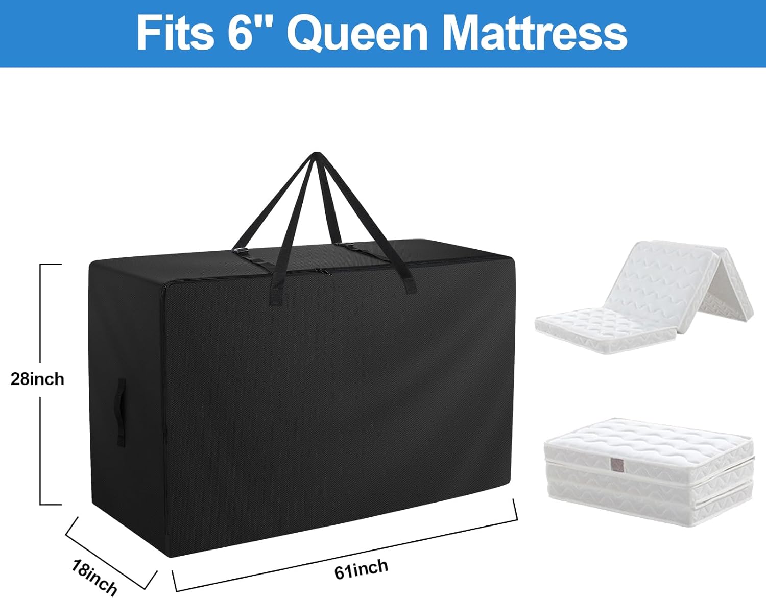 Folding Mattress Bag - 600D Oxford Cloth Heavy Duty Carry Case for Tri-Fold Guest Bed Mattress (Fits 6" Queen Mattress, Black)