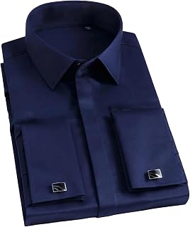Men's 100% Cotton French Cuff Shirt Hidden Button Front Removable Collar Stays Formal Business Long Sleeve Top