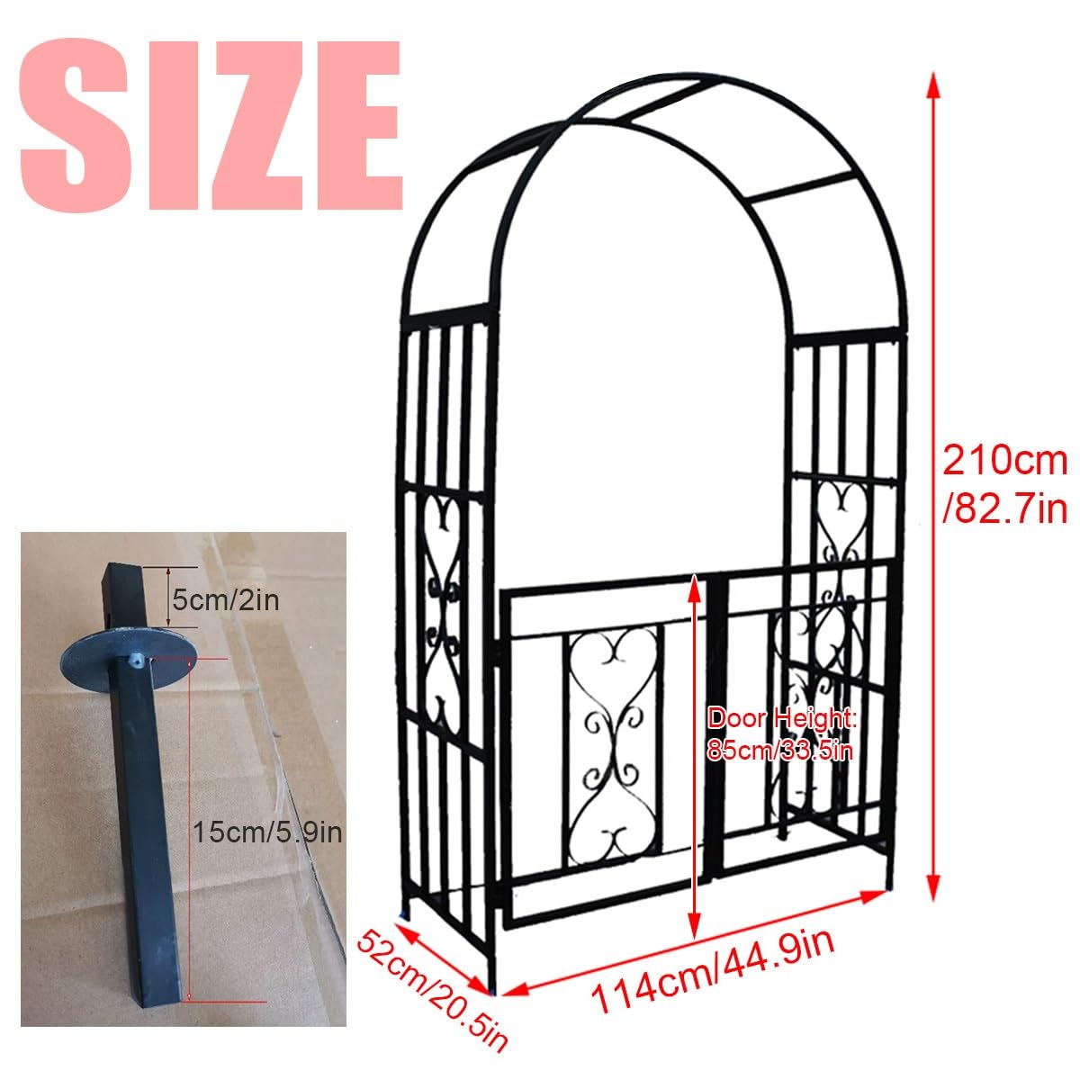 Arche à rosiers avec Porte en métal,Arche de Jardin Noir,Arcade de rosiers 210cm Tuteur Colonne de Jardin,Arceau à Rosiers Pergola pour Plantes grimpantes extérieur