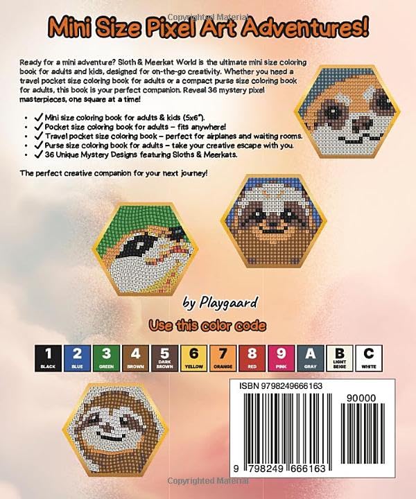 Color by Number Pocket Size: Sloth & Meerkat World: Mini Size Coloring Book for Adults and Kids – Travel Pocket & Purse Size Pixel Art Activity Book with 36 Mystery Designs (Pocket Pixel Worlds) image 3