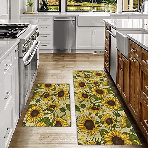 Ideasonna Summer Sunflower Kitchen Rugs Sets Of 2, Sunflower Yellow Kitchen Rug Mat Washable Non-Slip Kitchen Sink Floor Mat Sunflower Kitchen Decor #TOP4