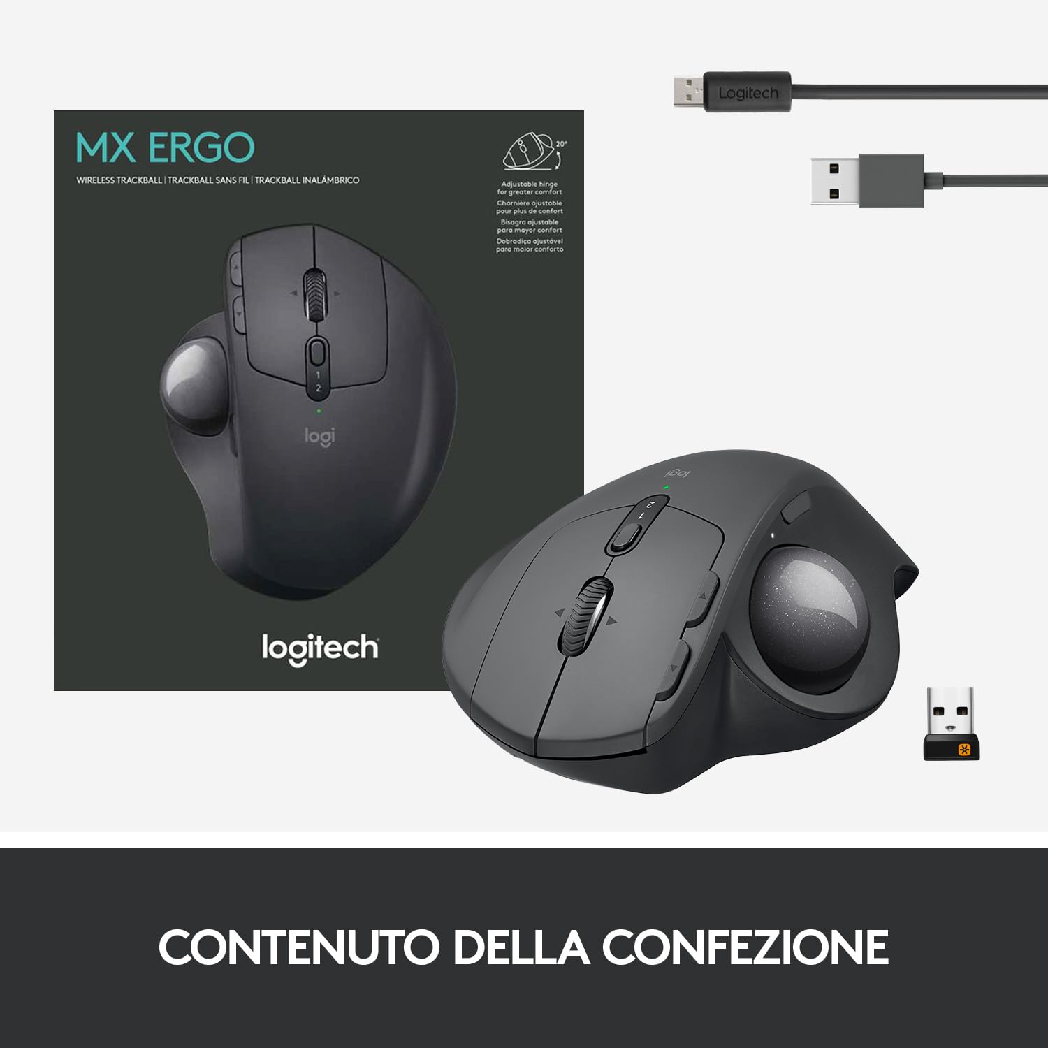 Logitech MX Ergo Mouse Trackball Wireless Ergonomico | Bluetooth o 2,4 GHz con Ricevitore USB Unifying, ‎Angolo Trackball Regolabile, Scorrimento Preciso, PC/Mac/iPadOS - Nero