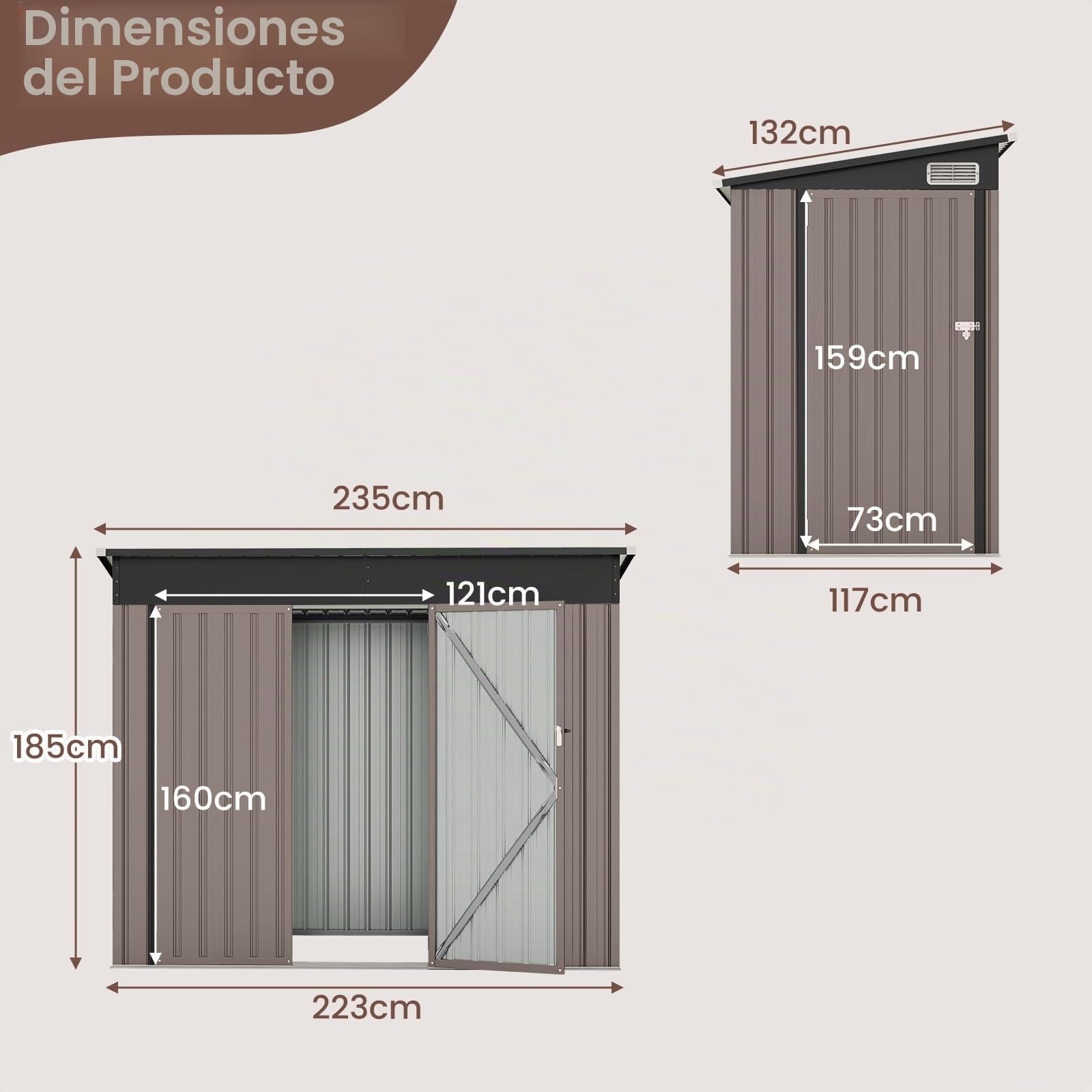 GOPLUS Cobertizo de Jardín de Metal Galvanizado con Puertas Delanteras y Laterales, Caseta de Herramientas con Techo Inclinado, Almacén Exterior para Jardín, Patio, 235x117x185 cm (Gris Cálido)