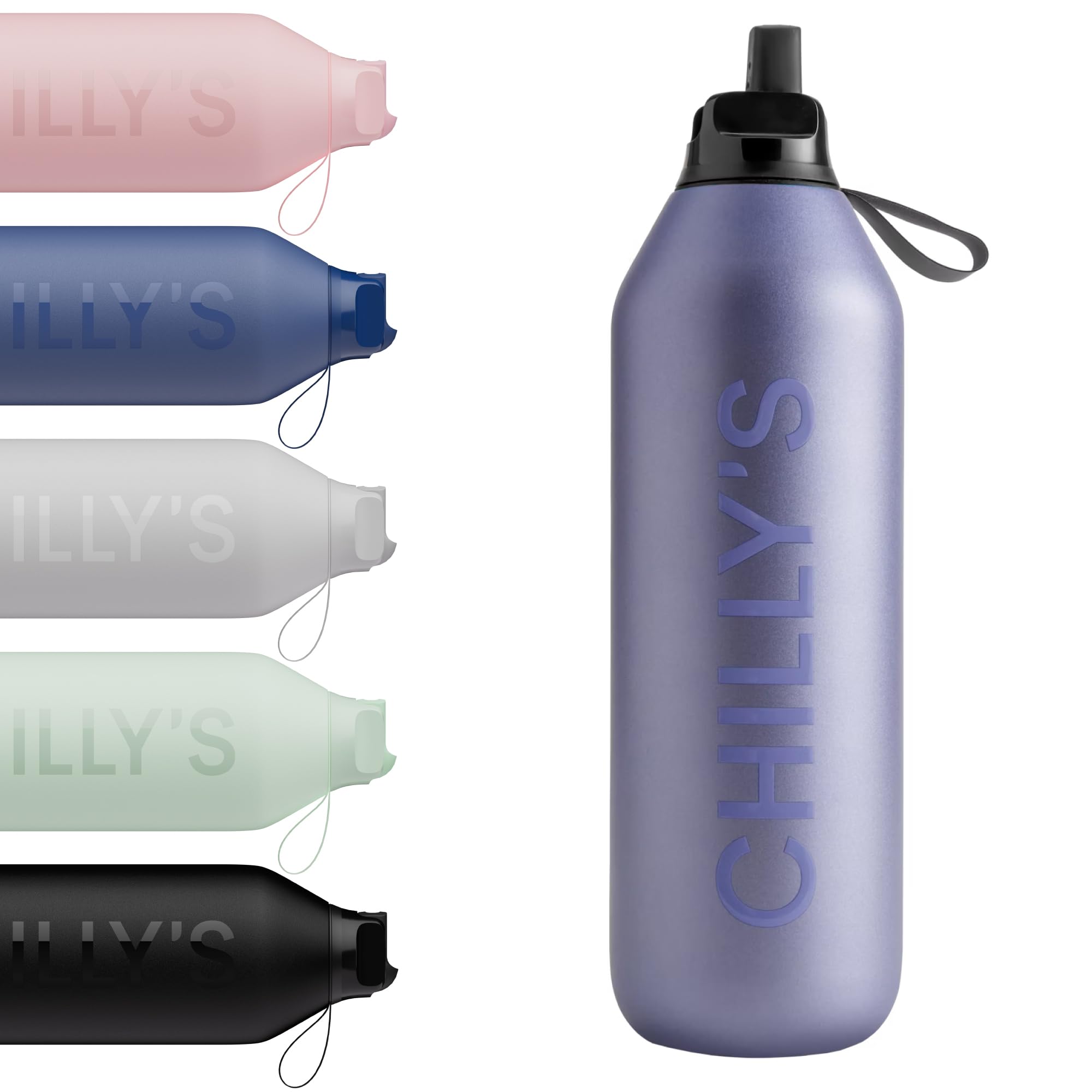 Chilly's Series 2 Flip Water Bottle with Sports Lid, Vacuum Insulated Stainless Steel Water Bottle with Straw, Carry Loop