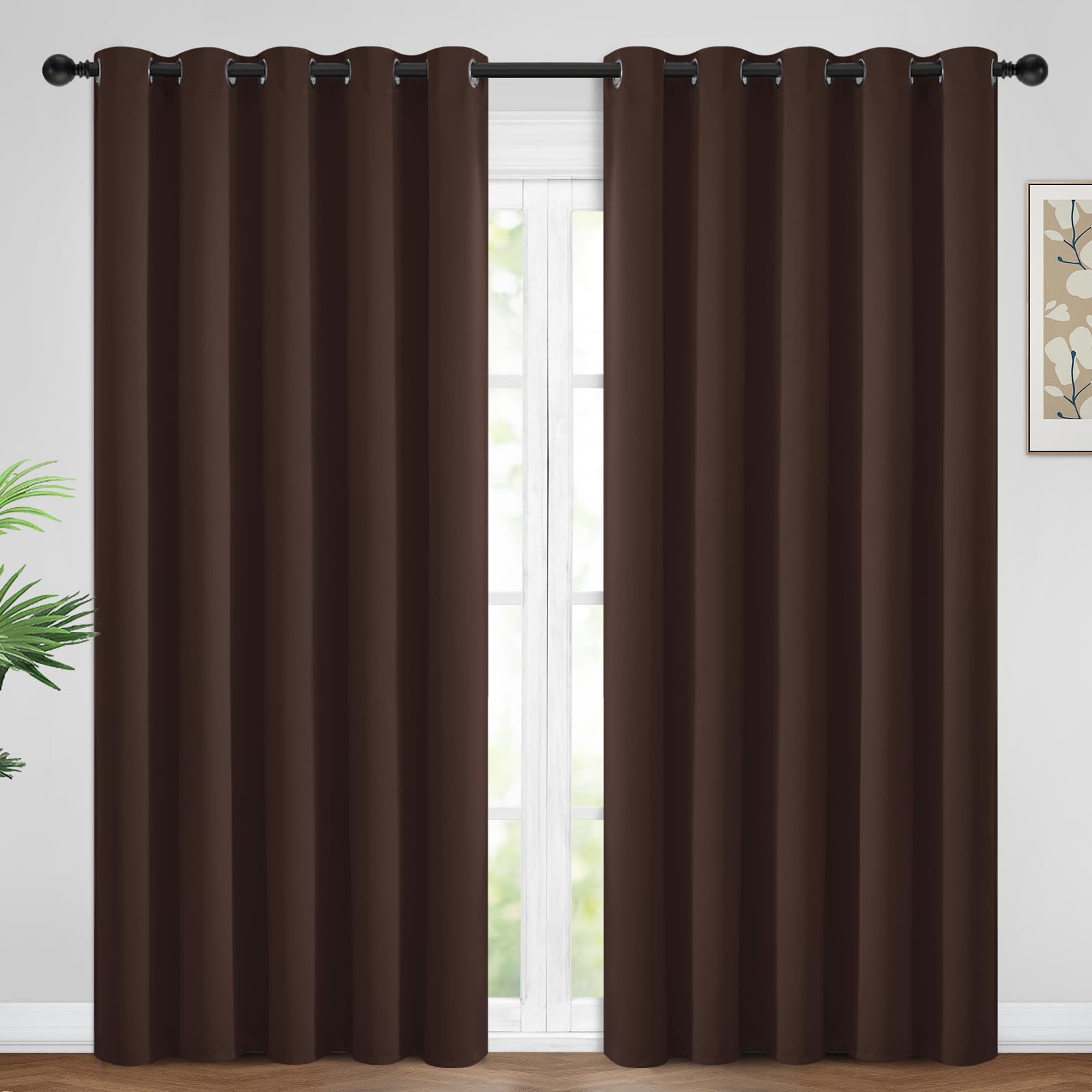 Yakamok Blackout Curtains Room Darkening Thermal Insulated Window Panels,Solid Grommet Top Drapes for Bedroom/Living Room(62Wx96L, Chocolate Brown, 2 Panels) — image 1