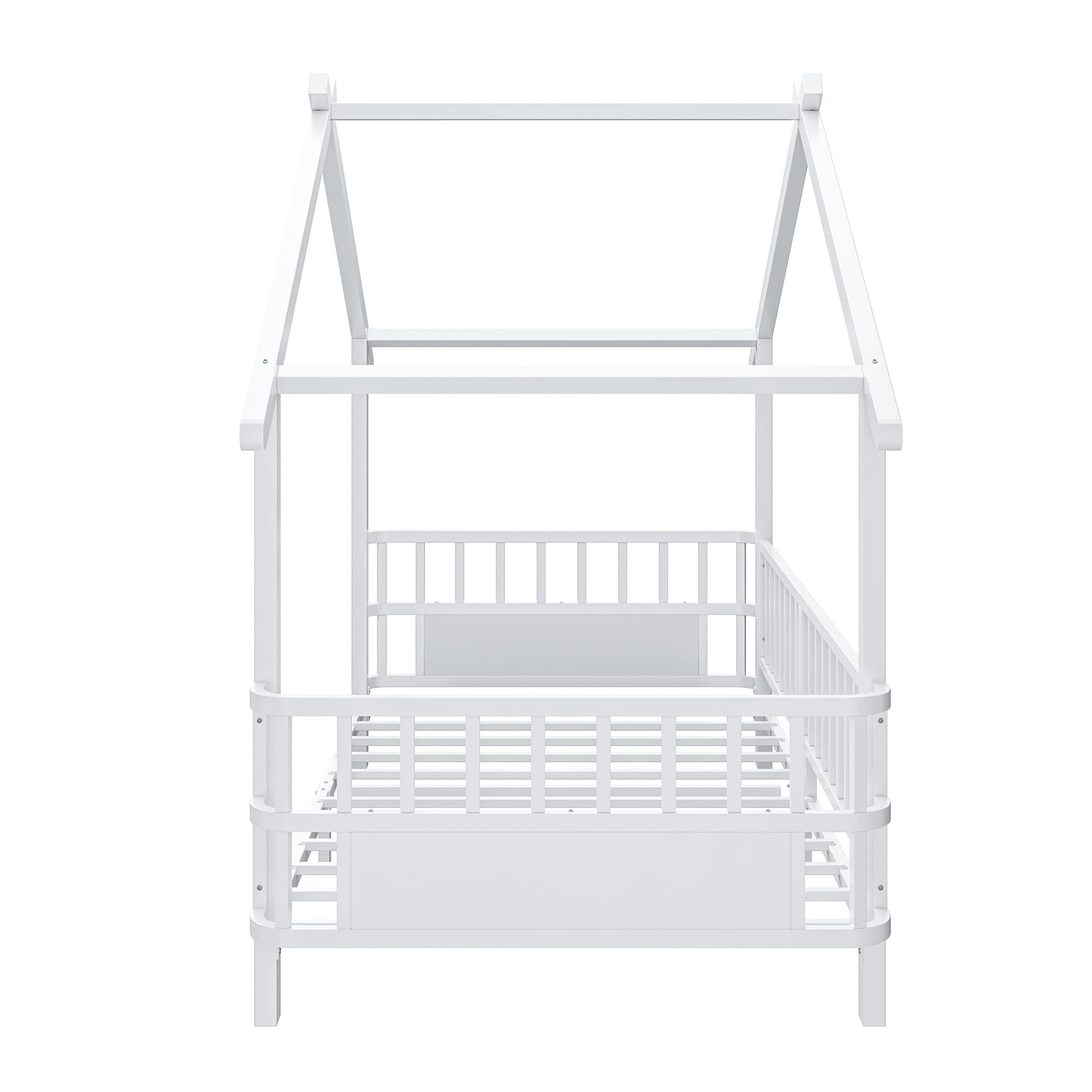 Merax Kinderbett aus Metall in Hausform 90x200 cm mit Sicherheitsgitter & Dachdesign – Weiß (Ohne Matratze)
