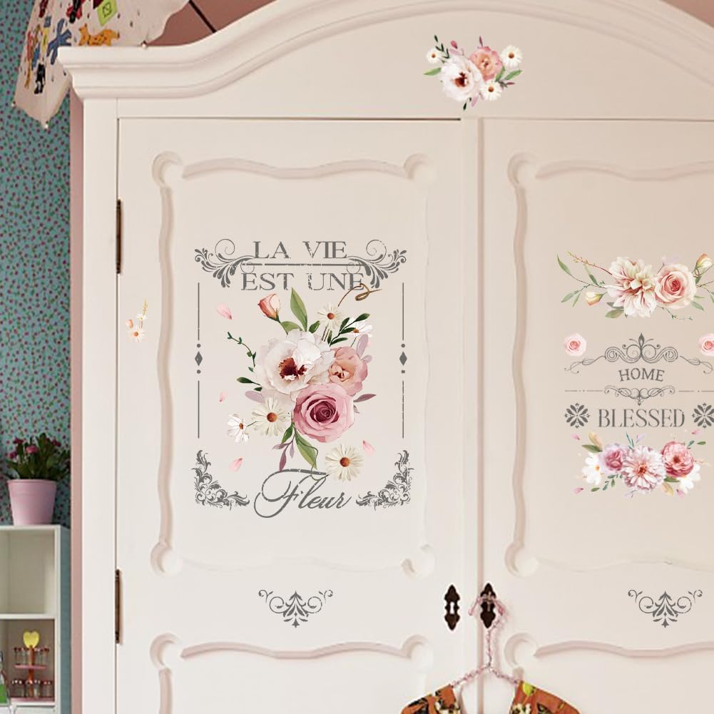 Funlife 29X58CM UV DTF Transfert Pour Meuble Fleurs Aquarelles, Pivoine Autocollant Fleur Autocollant Meuble Décoration Vintage, Imperméable Chambre Salon Bibliothèque Bureau Stickers Porte Placard