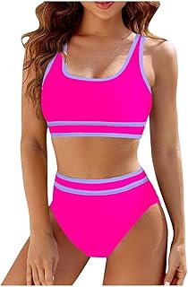 Trajes de baño para mujer negro conjuntos de bikini de cintura alta para mujer, traje de baño deportivo de dos piezas, traje de baño de bloque de color de corte alto de compresión camiseta
