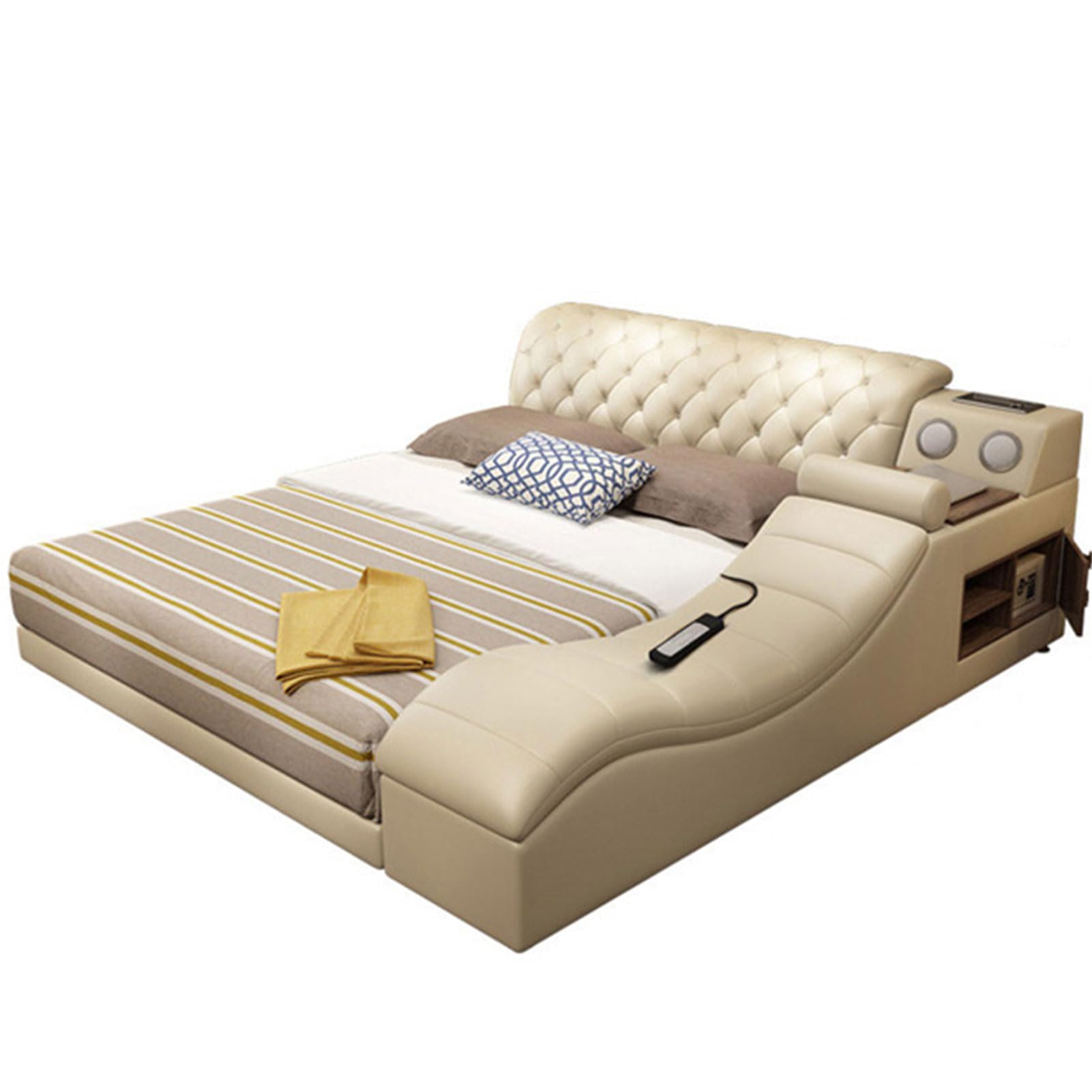 Mid-Century King Size Genuine Leather Bed Set Upholstered Platform Bed Frame with Headboard and Lift Up Storage Wooden