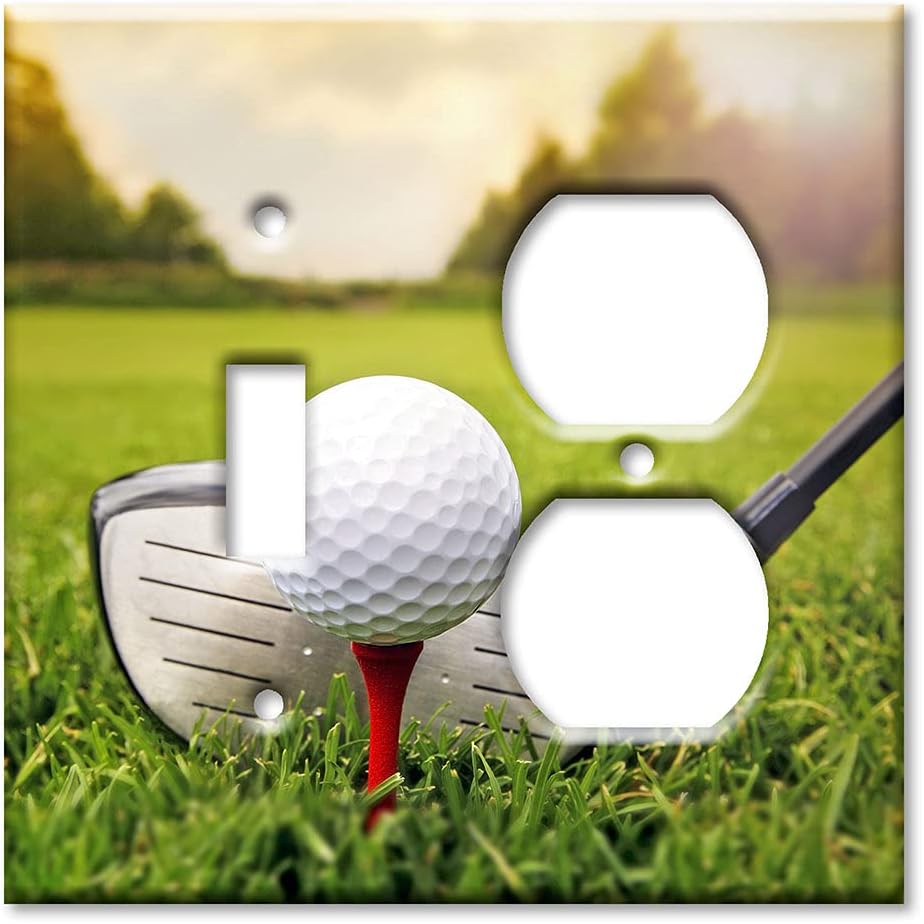 Art Plates - 2-Gang Combination Switch Plate - Toggle - Outlet - Golf Club and Ball - (Made in USA)