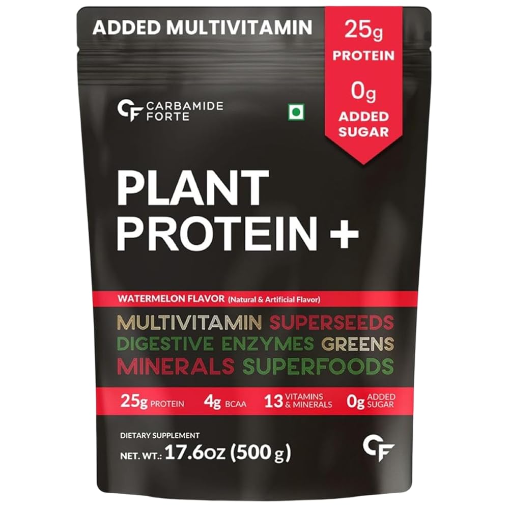 Carbamide Forte Plant Protein Powder - Plant Based Pea Protein Powder for Women with Multivitamin, Minerals, Superfoods, Digestive Enzymes - Watermelon Flavor - 500g