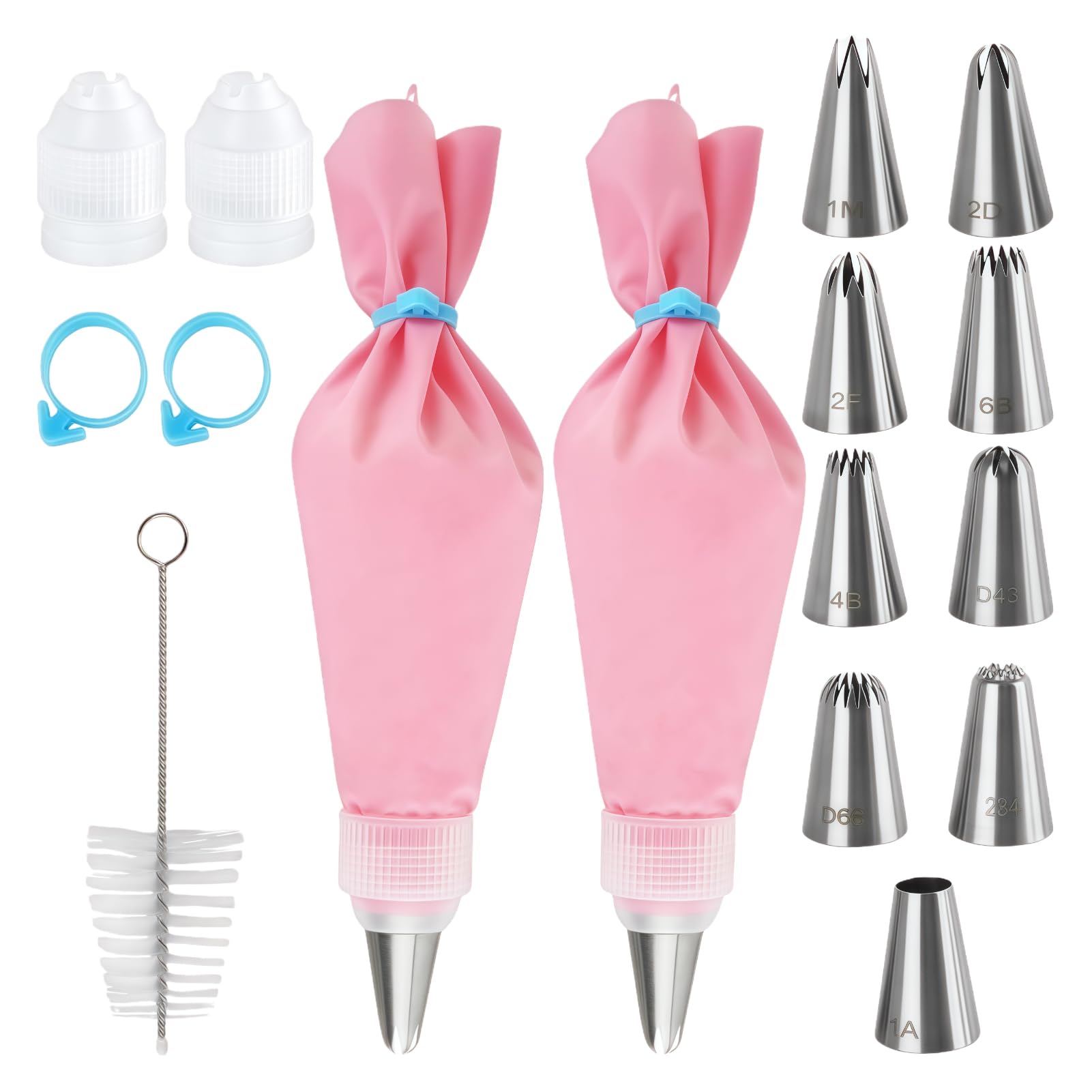 16Pcs Piping Bags and Nozzles Set, 2 12 Inch Piping-Bags Icing Bag with Cleaning Brush,9 Stainless Steel Cake Piping Nozzles Tips, 2 Coupler, 2-Bags Ties, for Cake Cupcake Dessert Cookies Decoration