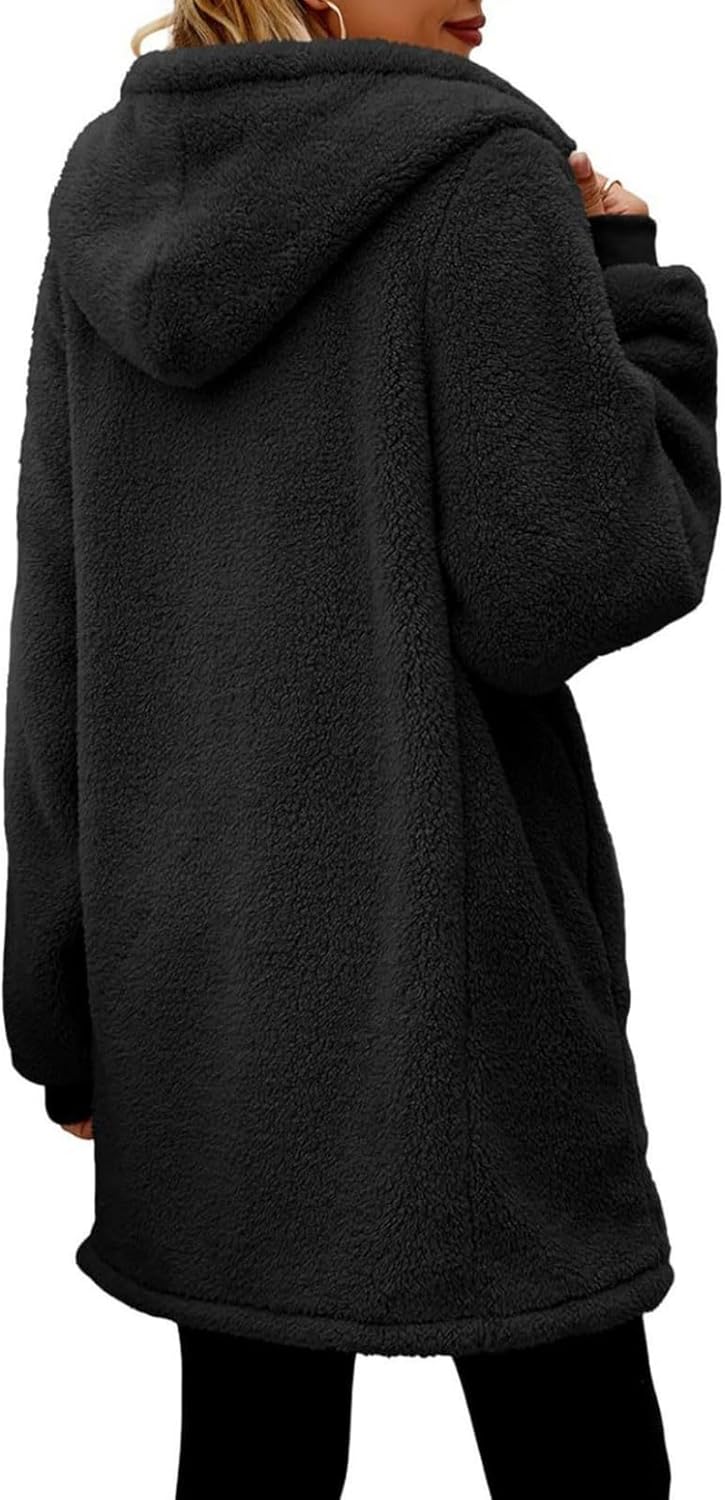 Women's Oversized Fleece Jacket Hooded Zip-Up Cardigan Coat with Pockets Warm Winter Casual Wear for Vacation - Image 4