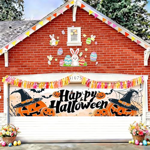 Image of Halloween Pumpkin Outdoor Banner 78.7 x 17.7 Inch Happy Halloween Scene with Jack O Lanterns Witch Hats Bats and Spider Webs for Yard Garden Fence Porch Patio or Outdoor Decoration