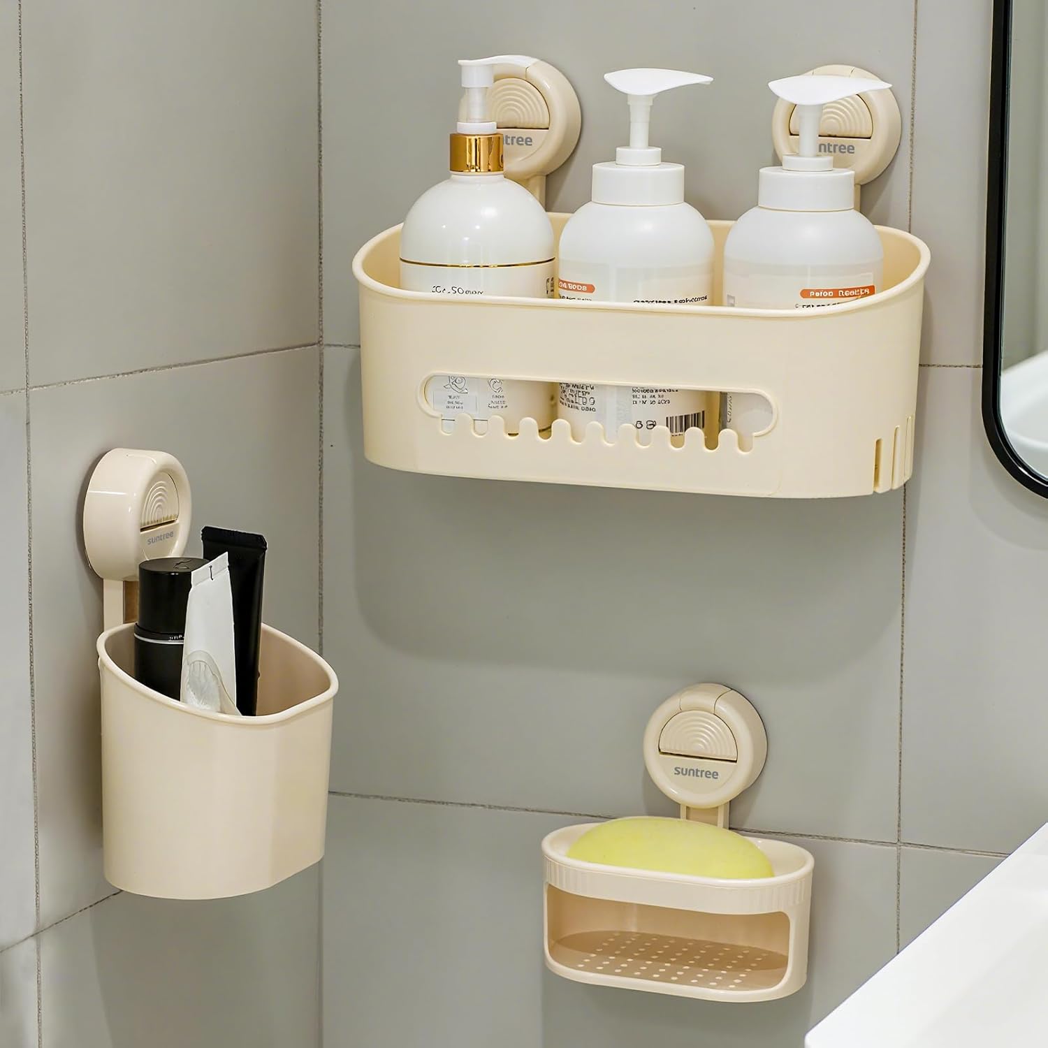 suntree Shower Caddy with Strong Suction Cups No Drill Bathroom Shelf Organizer Removable Soap Holder Toothbrush Holder Waterproof