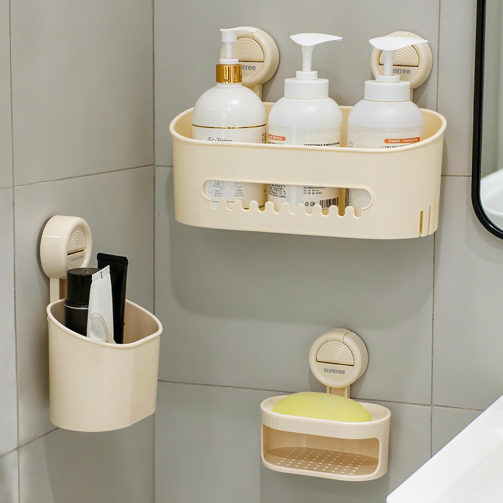 suntree Shower Caddy with Strong Suction Cups No Drill Bathroom Shelf Organizer Removable Soap Holder Toothbrush Holder Waterproof