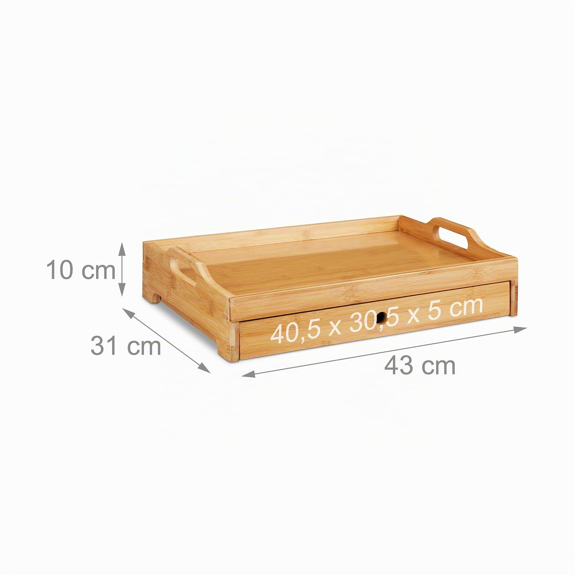 Relaxdays 10027594 Plateau de Service en Bambou, Petit déjeuner, en Bois, tiroir Amovible, poignées, HLP 10 x 43 x 31 cm, Nature, MDF, 1 x