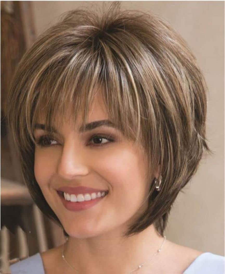 Pelucas sintéticas cortas y rizadas de corte pixie con gorro de peluca para mujer (Castaño Rubio Mixto)