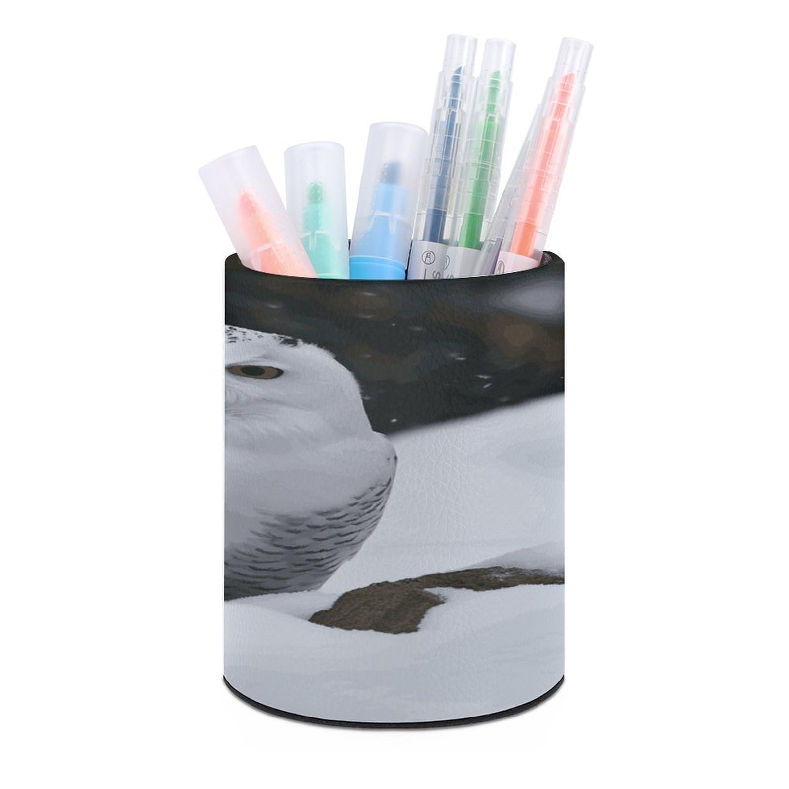 LDGSUPH Snow Owl Round Pen Holder Leather Pen Cup Pencil Cup Pen Organizer Pencil Holder for Desk Organizer Pencil Organizers Makeup Brush Holders for Home Office Gift