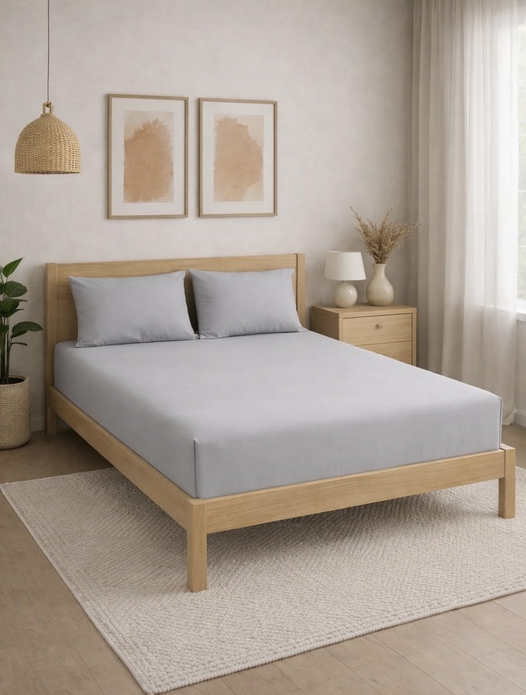 THE HOME STYLE Solid Plain Cotton Feel Fitted Bedsheet (72x78 inches) with Reversible Comforter (90x100 inches) | King Size | 2 Pillow Covers | 300 TC | 4-Piece Bedding Set (Pearl Grey)