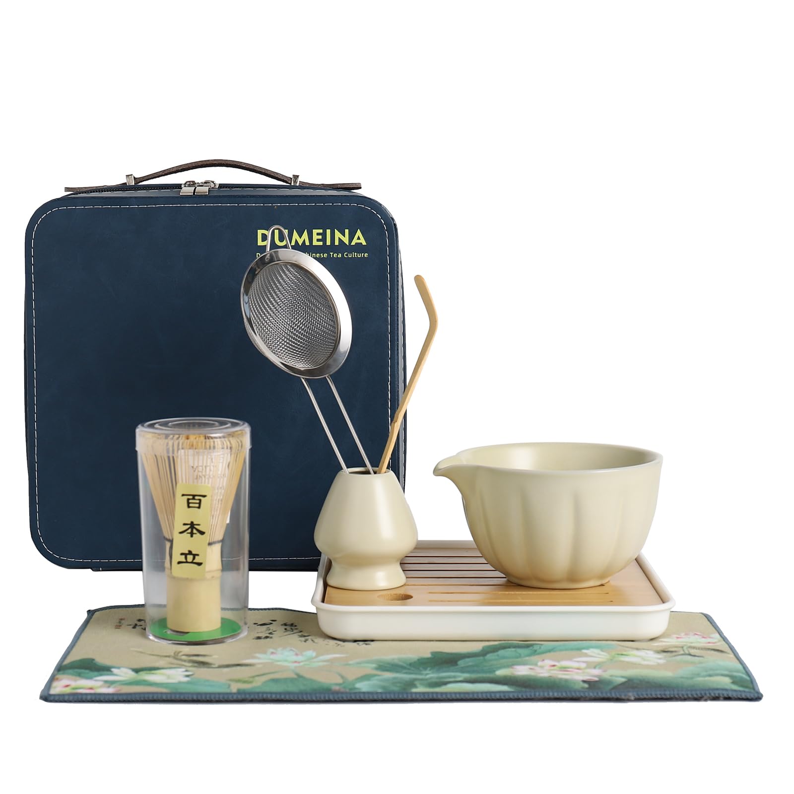 Juego de 8 batidores de matcha, kit de matcha para ceremonia, cuenco de matcha con boquilla, batidor y soporte, cuchara de bambú, bolsa de almacenamiento de cuero y tamiz de acero inoxidable