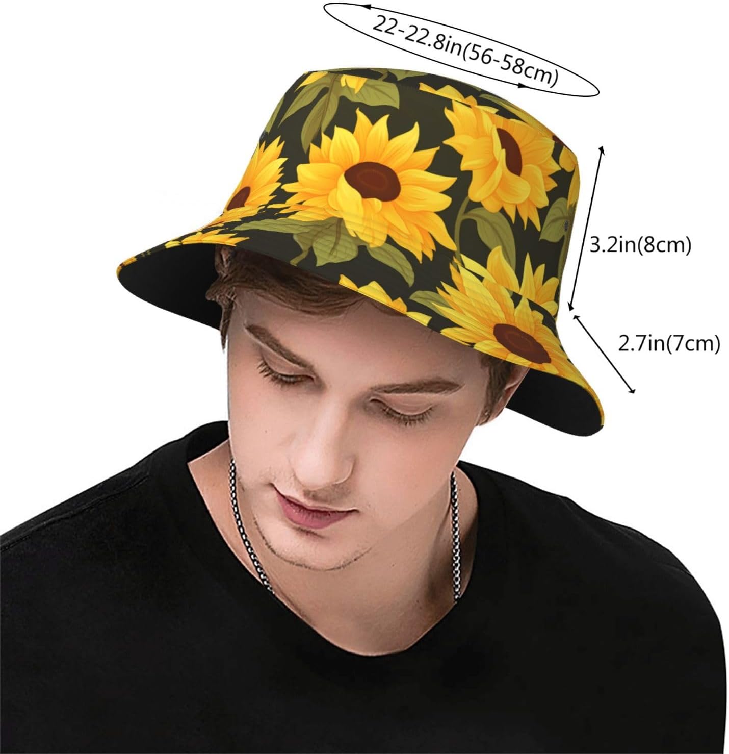 Windblown Sunflower Prints Summer Outdoor Travel Bucket hat, a Beach Sun hat Suitable for Both Men and Women Black