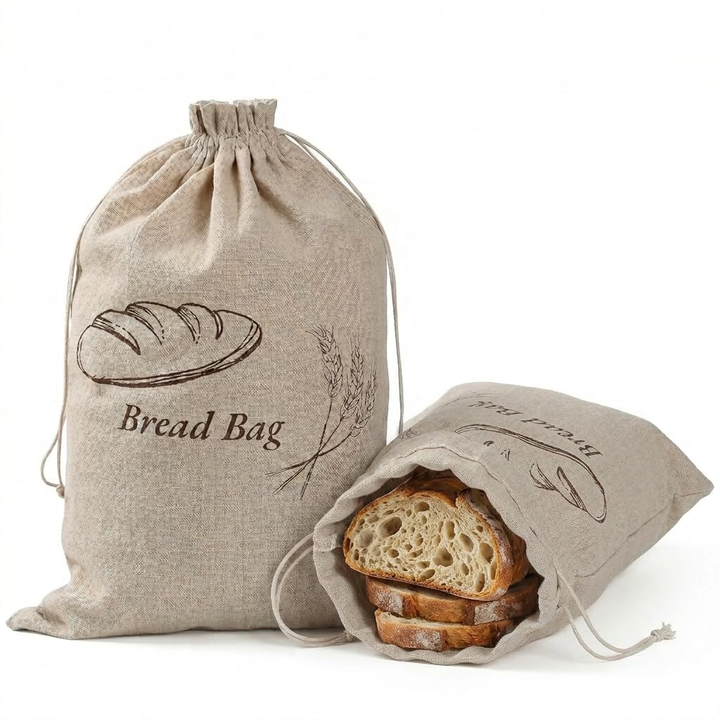 2 Pack Bread Bags for Homemade Bread, Reusable Linen Bread Bag, 30x38cm Sourdough Bread Storage Bags to Keep Bread Fresh, Drawstring Bread Bag