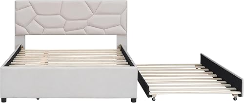 Miniatura 78 de Merax Base de cama tapizada de tamaño matrimonial con cama nido de tamaño individual, 2 cajones, cabecera con patrón de ladrillo y soporte de