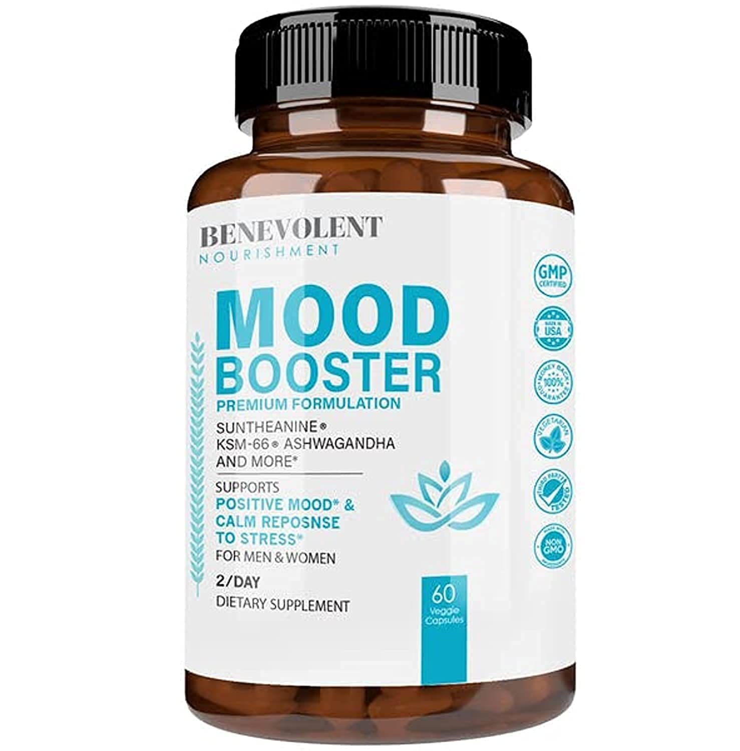 Anxiety and Stress Relief Supplement - Mood Support, Sleep Aid, Anti Anxiety Pills - GABA 5-HTP, Ashwagandha, L-Theanine, Rhodiola Rosea & Magnesium Supplement Formula for Calm - 60 Veggie Capsules