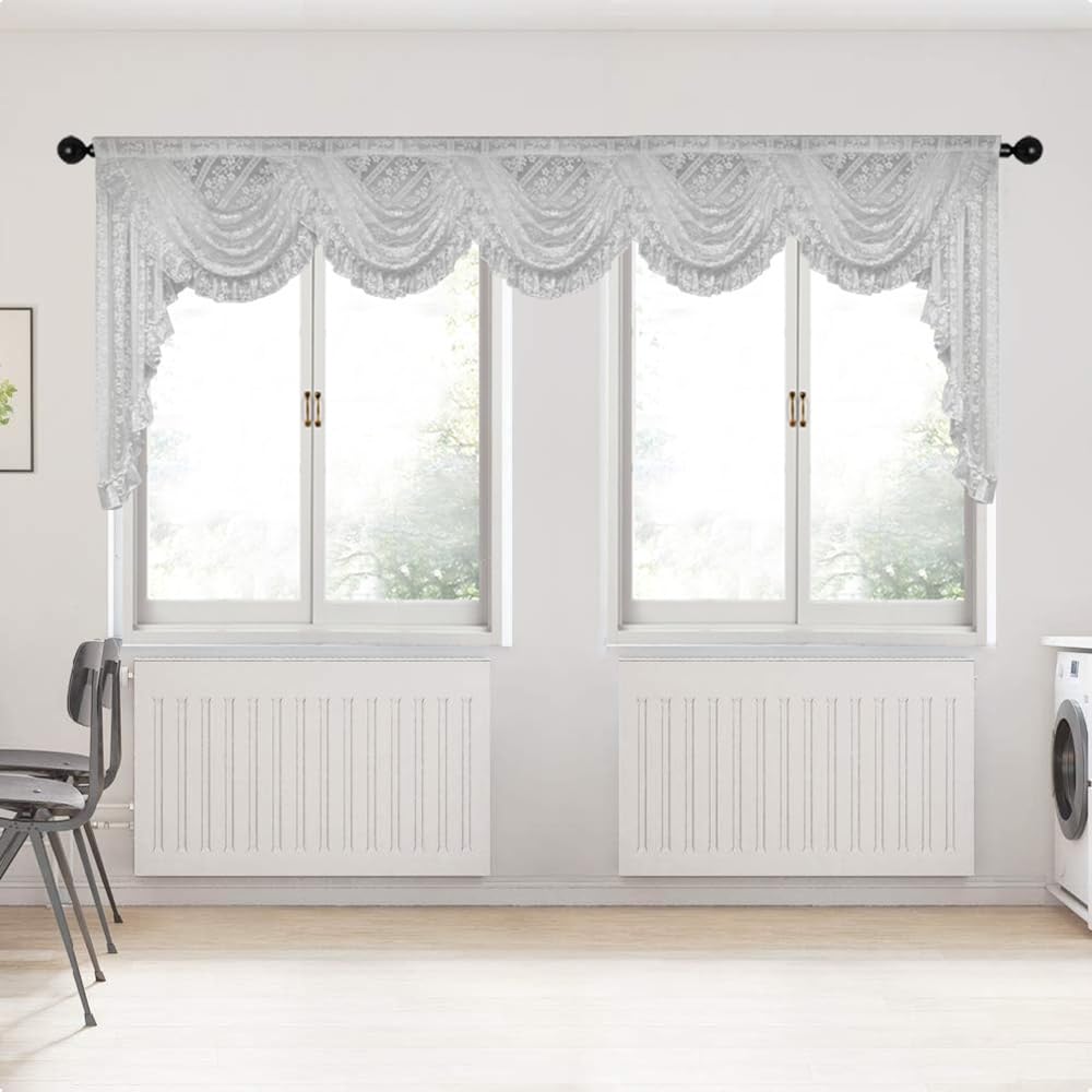 Risuho Elegant White Flower Sheer Swag Valance Waterfall Swag for Living Room Luxury Window Treatment Bedroom, Rod Pocket Top 1 Panel 118 inches Wide