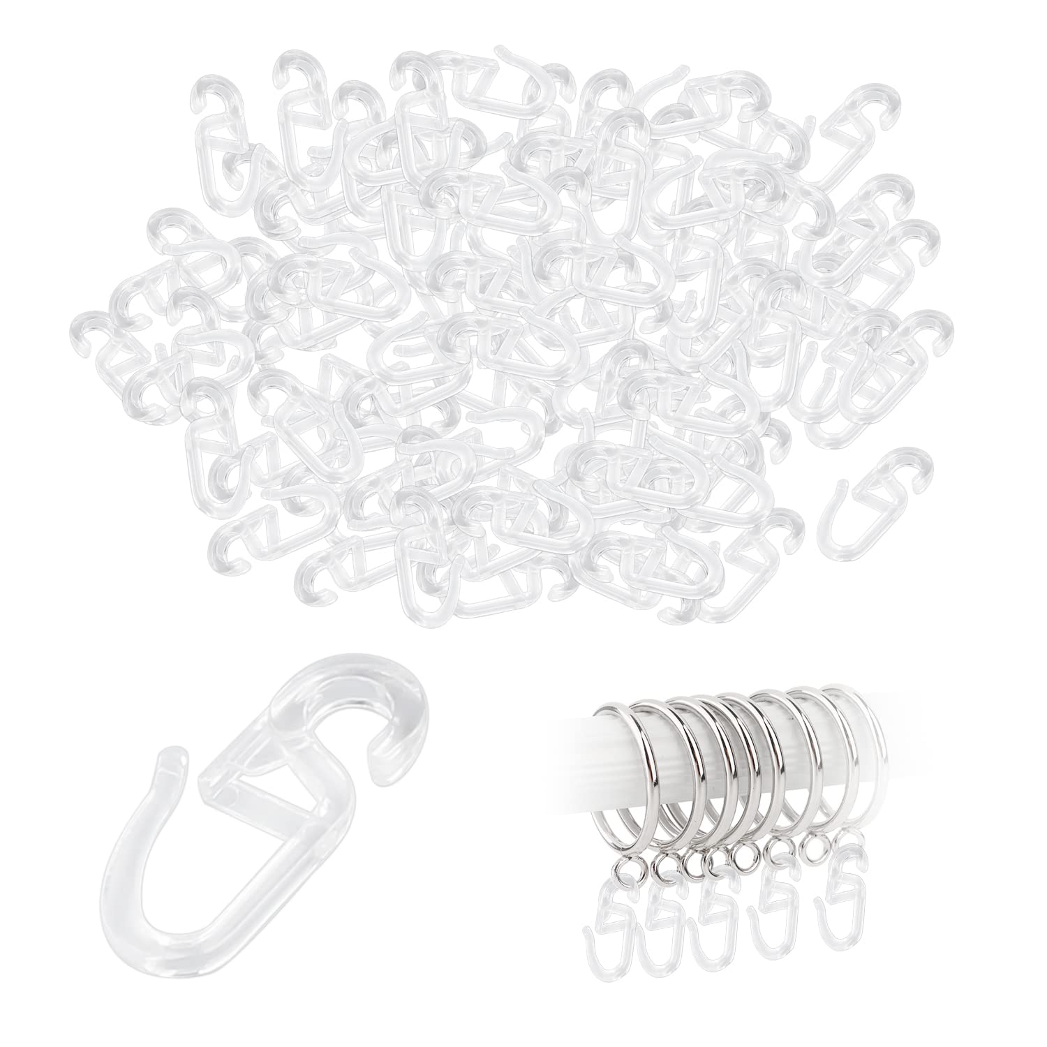 Mueead White Transparent Curtain Hooks, Plastic Hooks, Curtain Hooks, Shower Curtain Hooks, Curtain Accessories (150Pcs Per Pack), 30*3.5