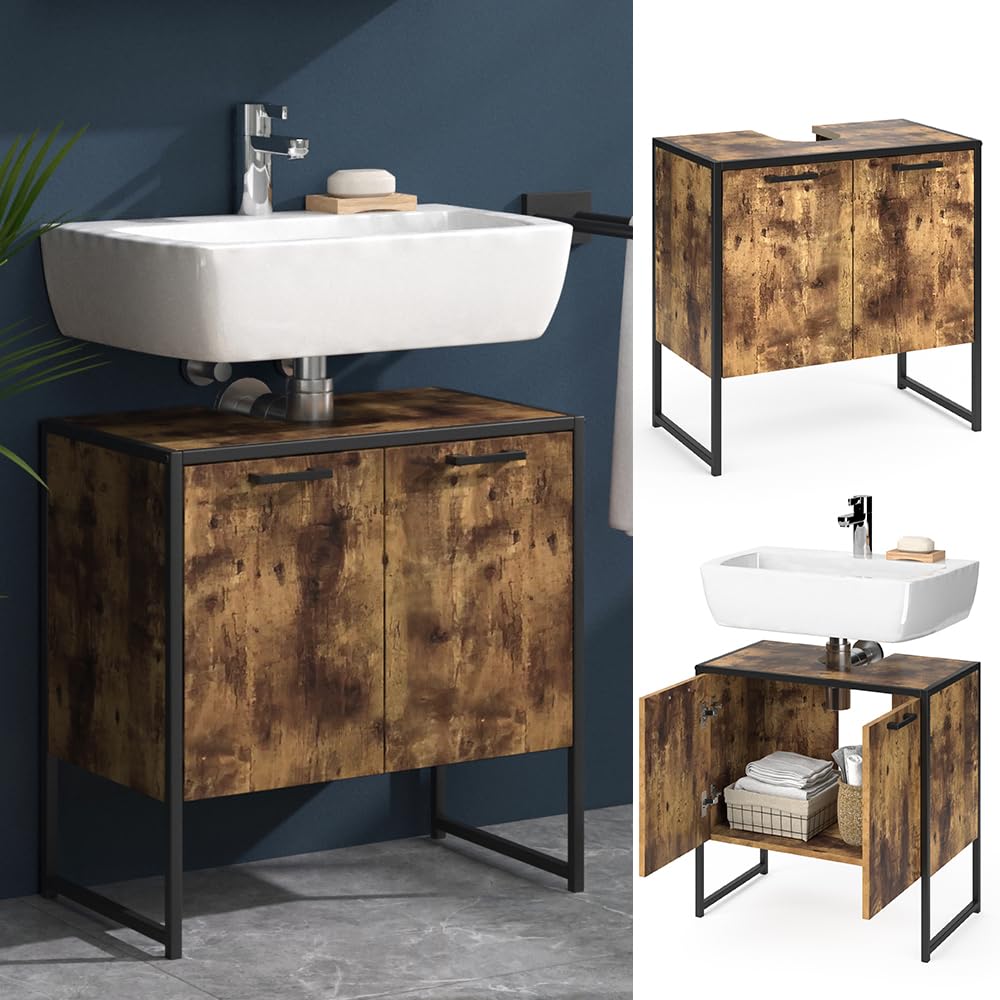 Vicco Mobile sottolavabo per bagno Fyrk, Legno antico, 60 x 60 cm, con intaglio per sifone per il montaggio sotto il lavandino