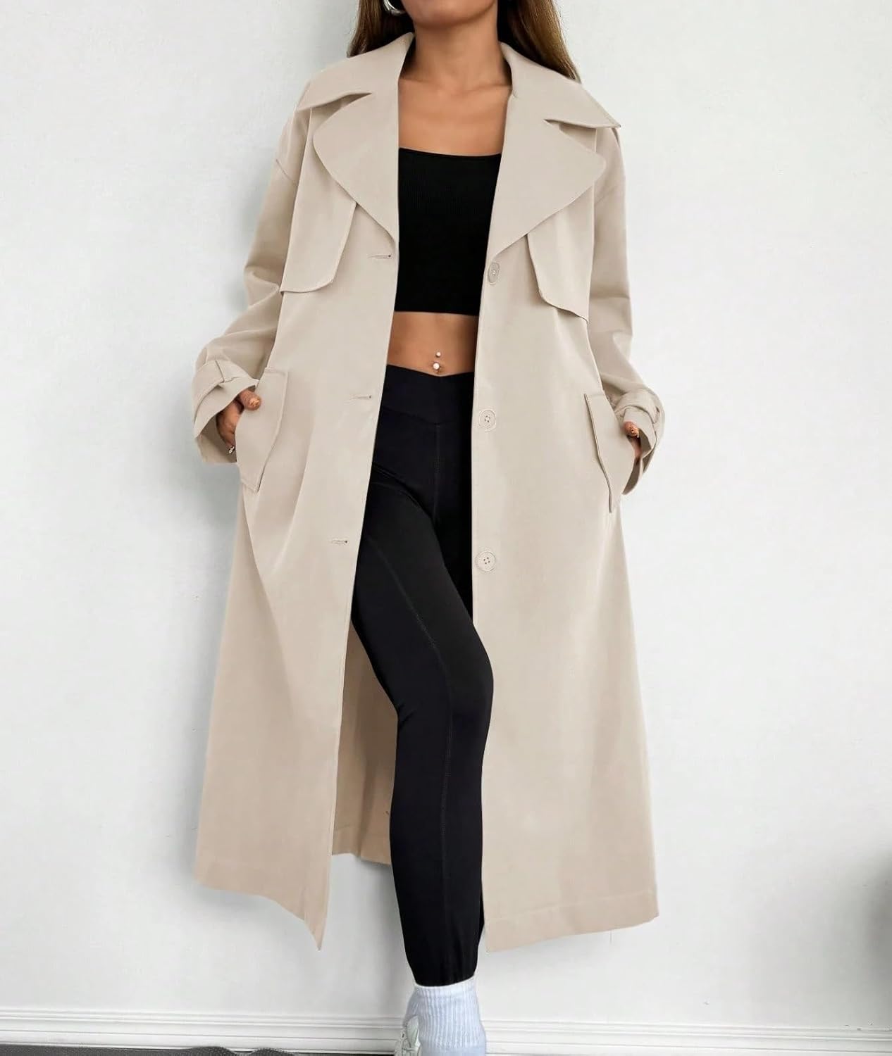 Pocket Front Button Tie Waist Long Sleeve Trench Coat In Fall Winter Women's Fashion Winter Warm Coats