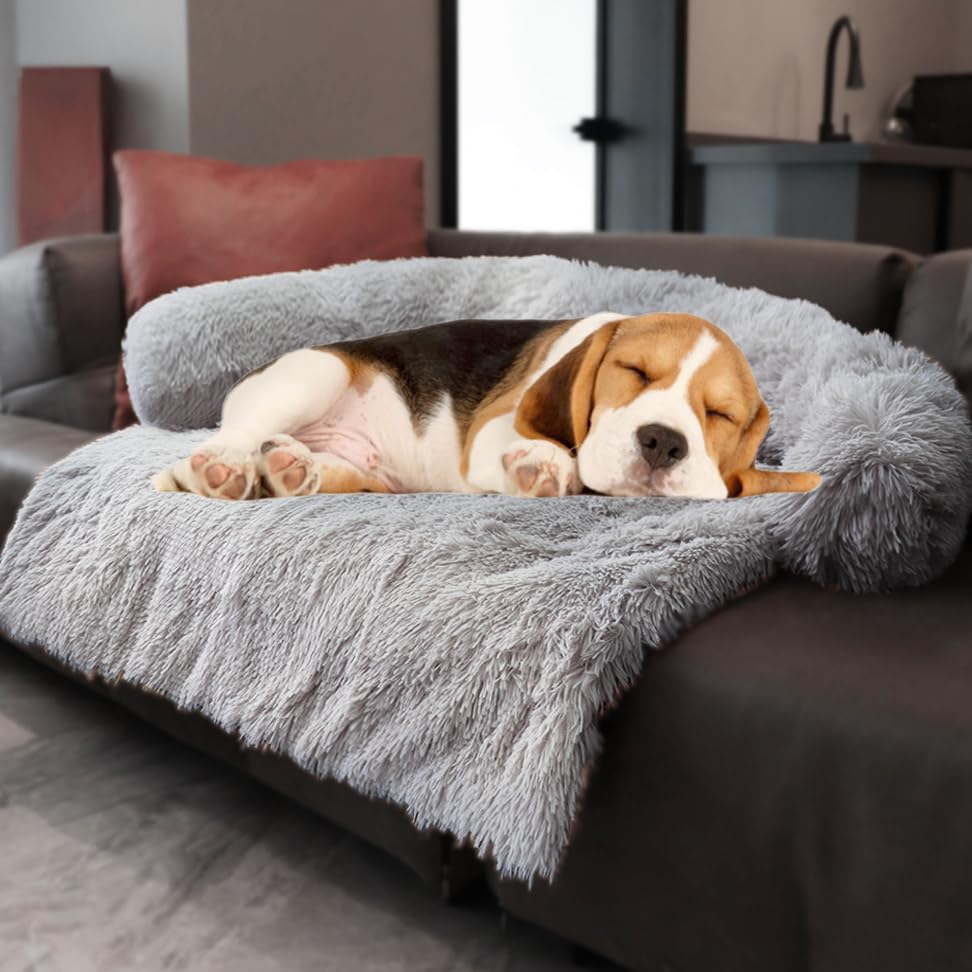 Image of Calming Dogs /Cats Bed Mats, Dog Pad Washable Removable Couch Cover, Plush Long Fur Mat for Pets, Waterproof Lining, Perfect for Small, Medium and Large Dogs and Cats (Light Gray, 36 inchx31 inch)