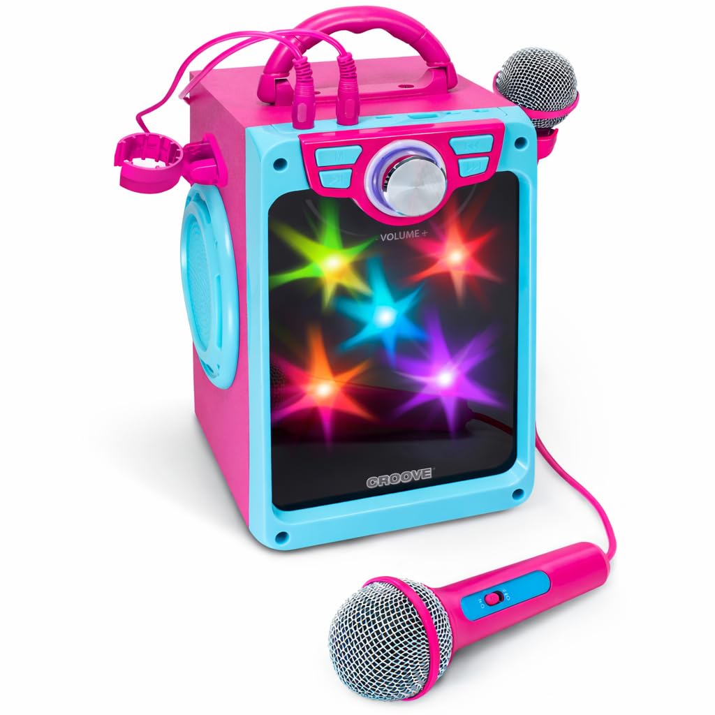 Rechargeable Karaoke Machine for Kids, Pink Portable Karaoke Set, Gift for Girl Speaker & 2 Microphones with Lyrics Display, Bluetooth/AUX/USB, Best Birthday Gifts For Girls Ages 8 9+ Years Old