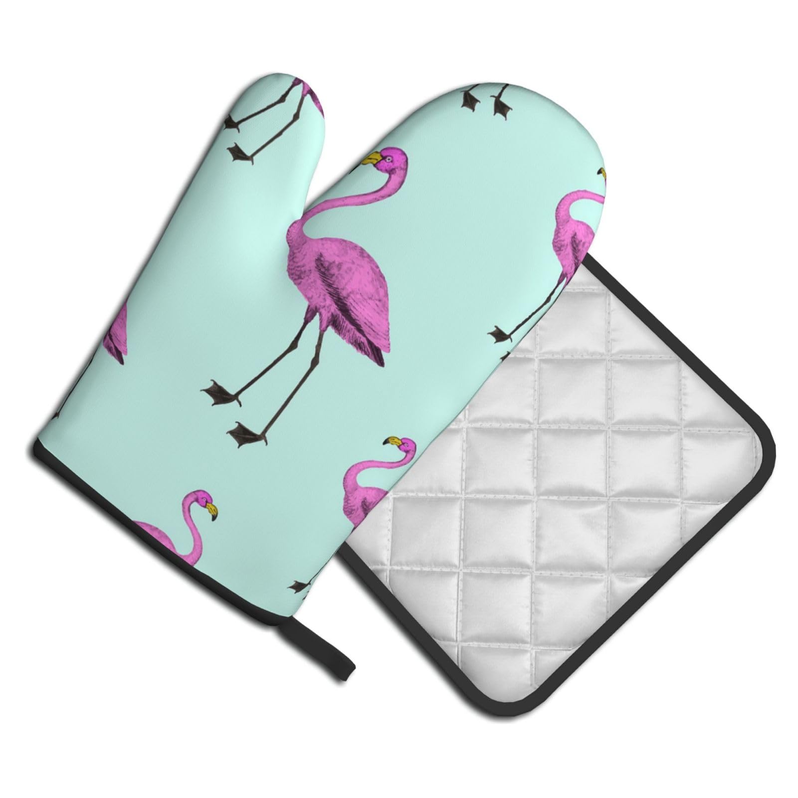 Oven Mitts and Pot Holders Set of 2 Pcs, Tropical Flamingo Printed Heat Resistant Kitchen Gloves Potholders for Cooking Baking Grilling