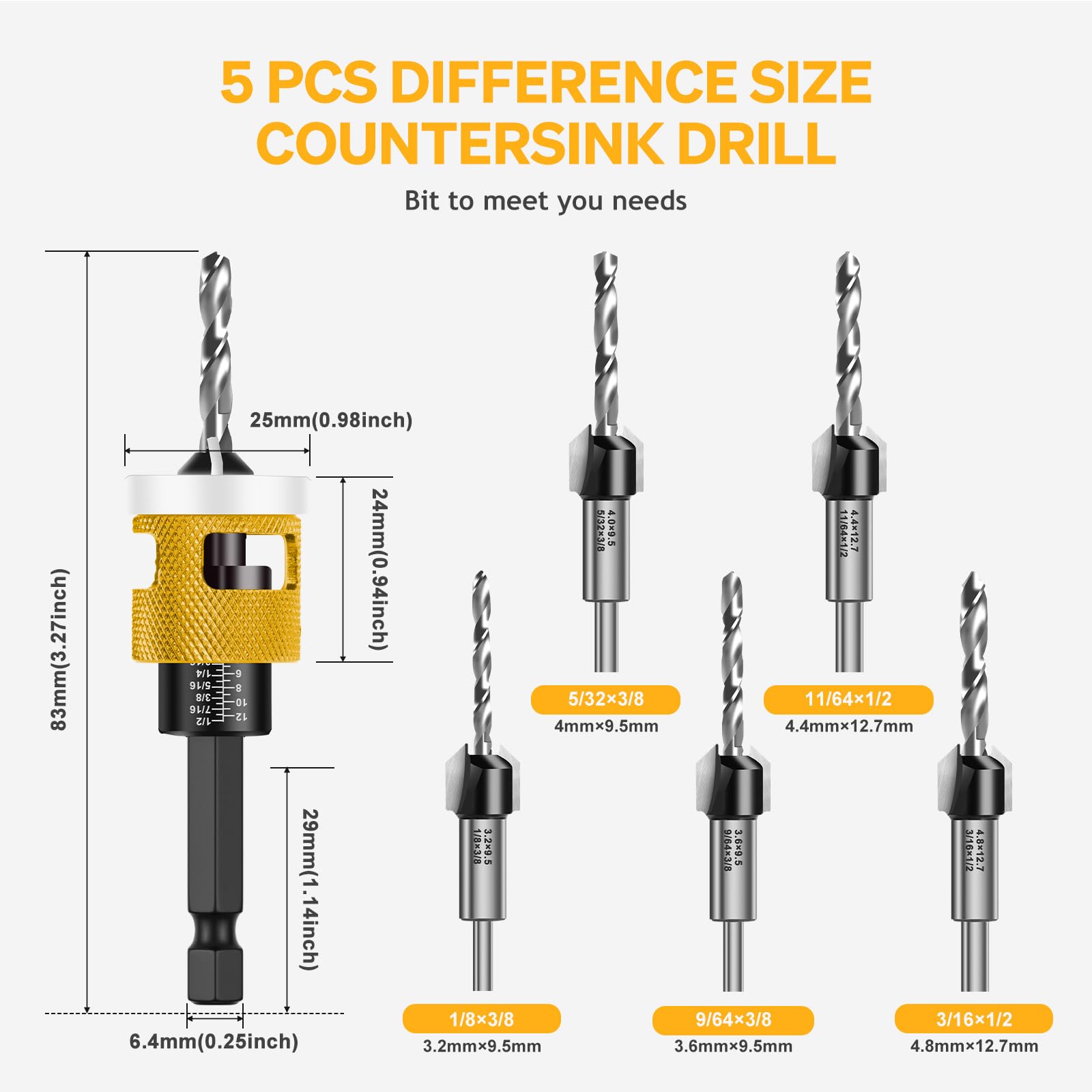 Countersink Drill Bit with Depth Stop,Countersink Wood Set of 5, Countersink Bit Drill with 1/4 Inch Hex Shank - Image 2