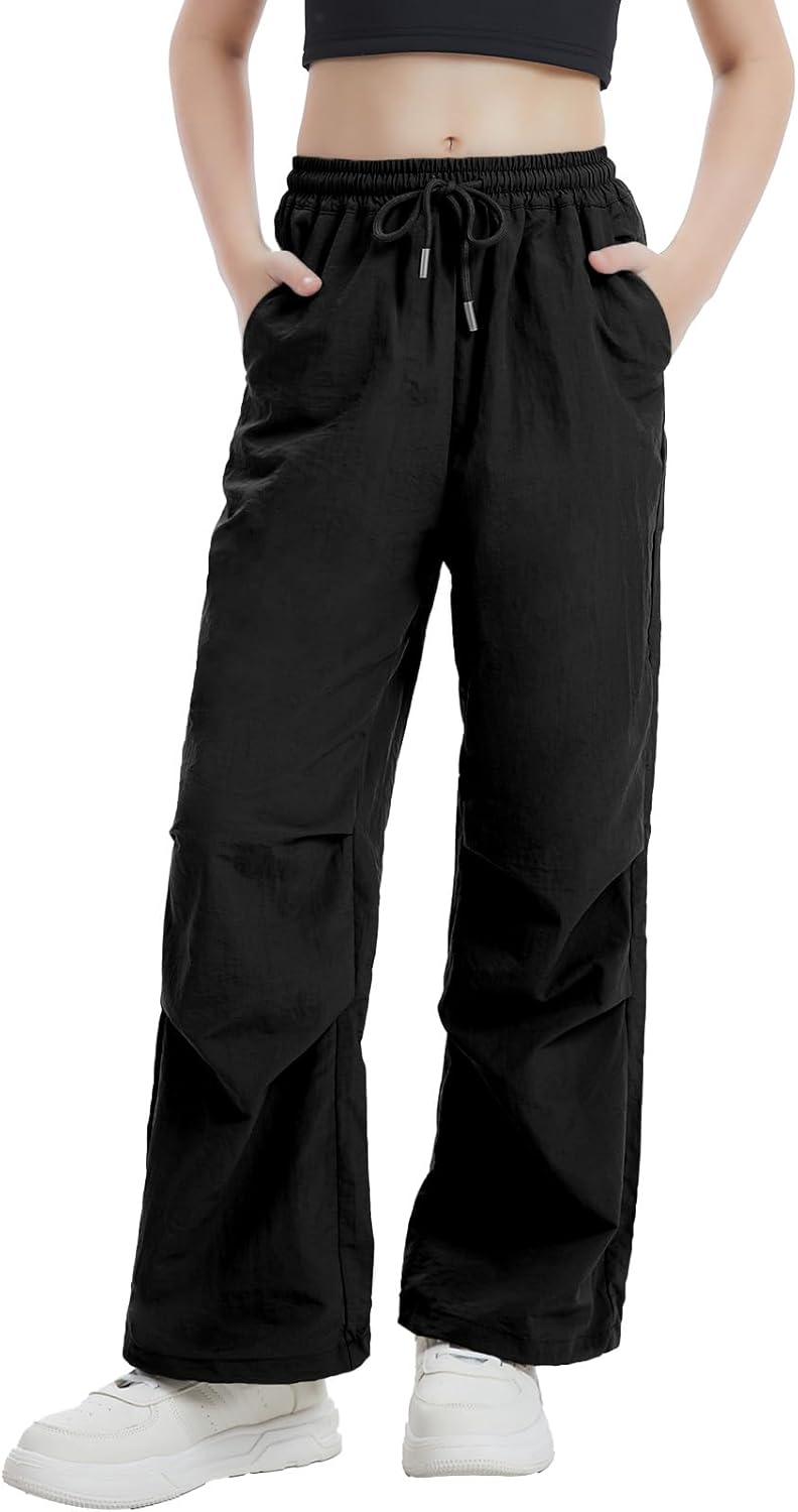 Girls Parachute Cargo Pants Drawstring Waterproof Causal Hiking Pants for Girls Pockets Lightweight Running Joggers