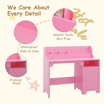 GarveeHome Wooden Kids Study Desk Chair Set Hutch Storage Cabinet Ages 3-12
