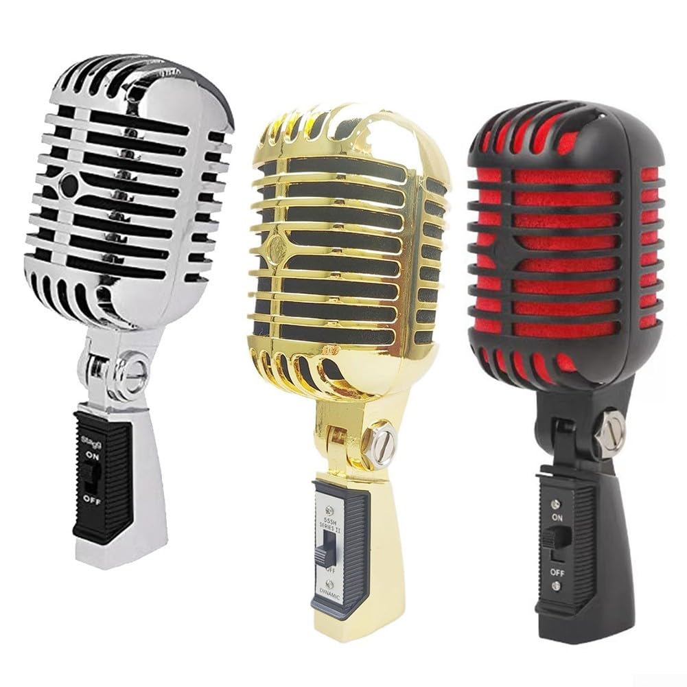 SPORTARC Micrófono dinámico de escenario, clásico, karaoke, retro, carcasa de metal (dorado)