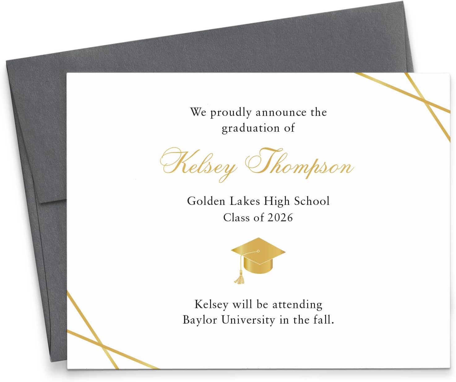 Black and Gold Graduation Announcements 2026 Personalized, FLAT Custom Grad Announcement Cards With Envelopes, Formal High School Graduation Announcements, Your Choice of Quantity and Envelope Color