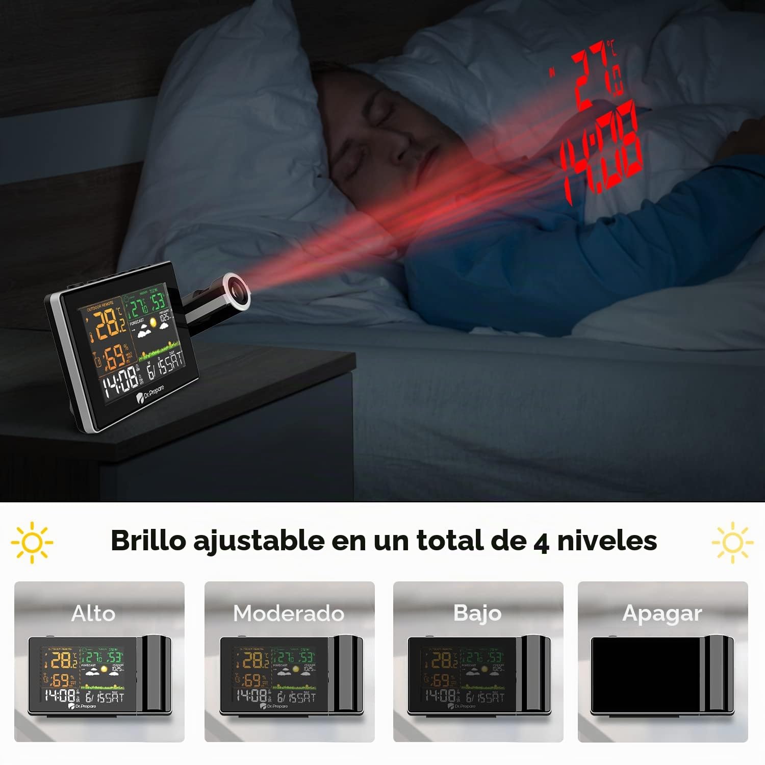 DR.PREPARE Despertador Proyector Techo Estación Meteorológica Reloj Despertador de Proyección con Sensor Externo Enfoque Ajustable Función de Previsión Meteorológica Doble Alarma para Dormitorio