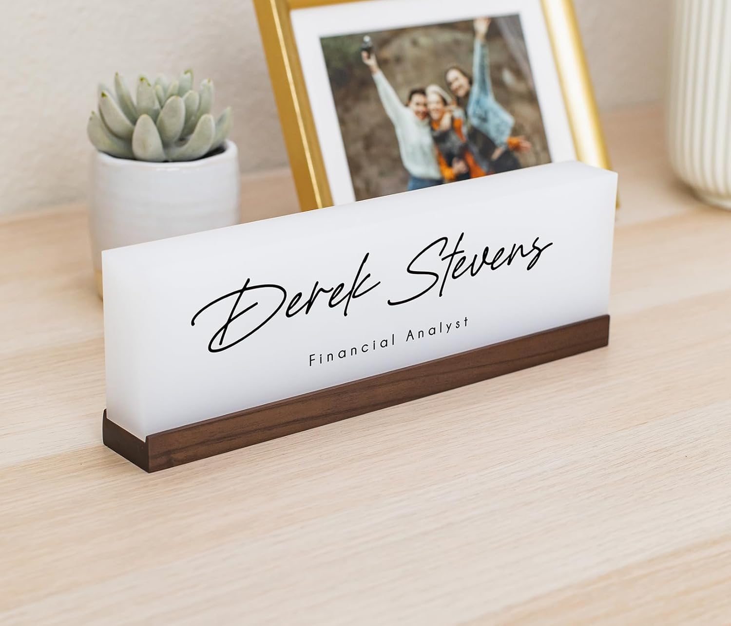 Personalized Acrylic Name Block w/Wooden Base (Design 5) - 9.75 x 2.75 x 1.125" Minimal Executive Desk CEO Job Office Decor Teacher or Promotion (Ice White Acrylic)