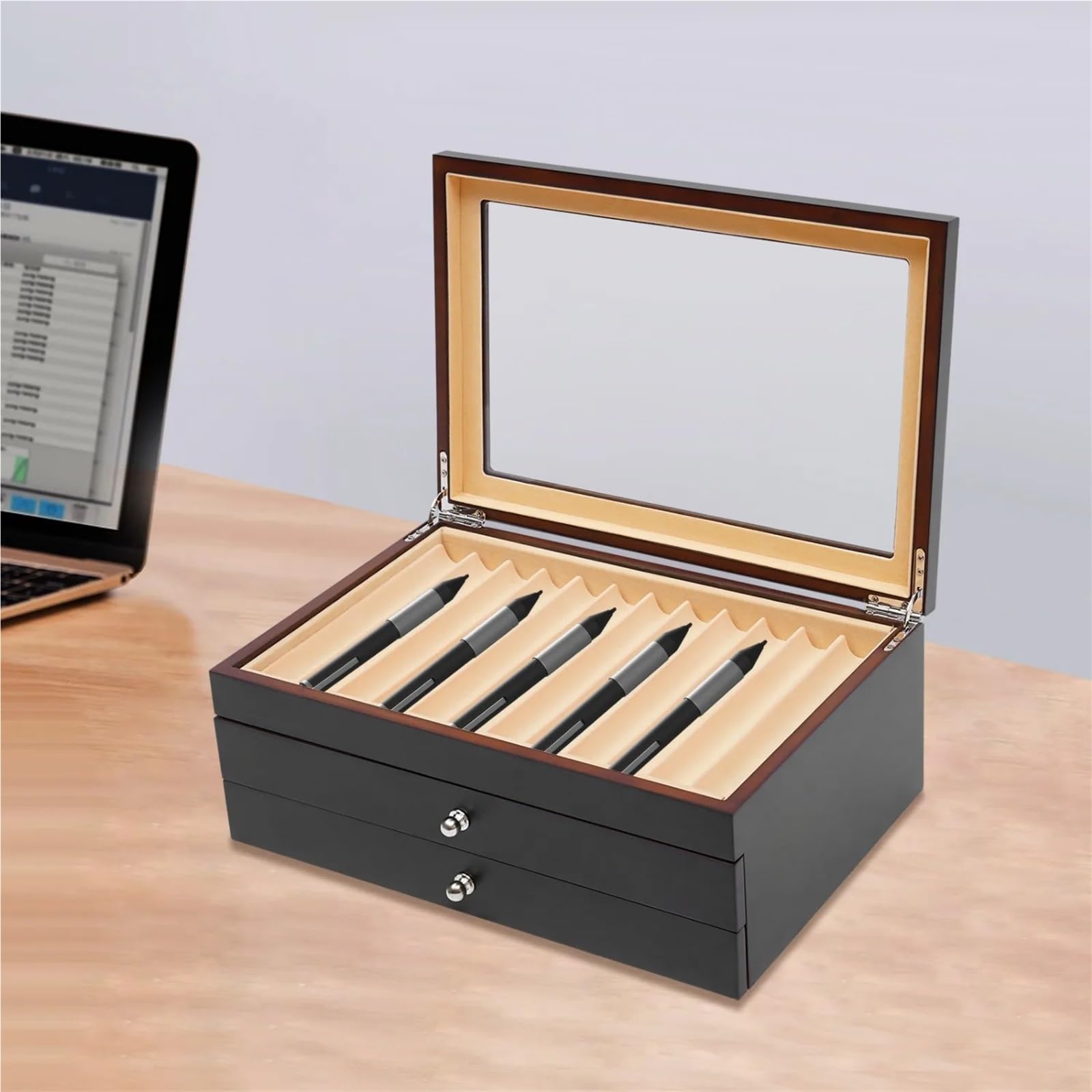Scatola portapenne in legno a 3 strati con 34 scomparti for penne, espositore for finestra in vetro Per Ufficio Casa