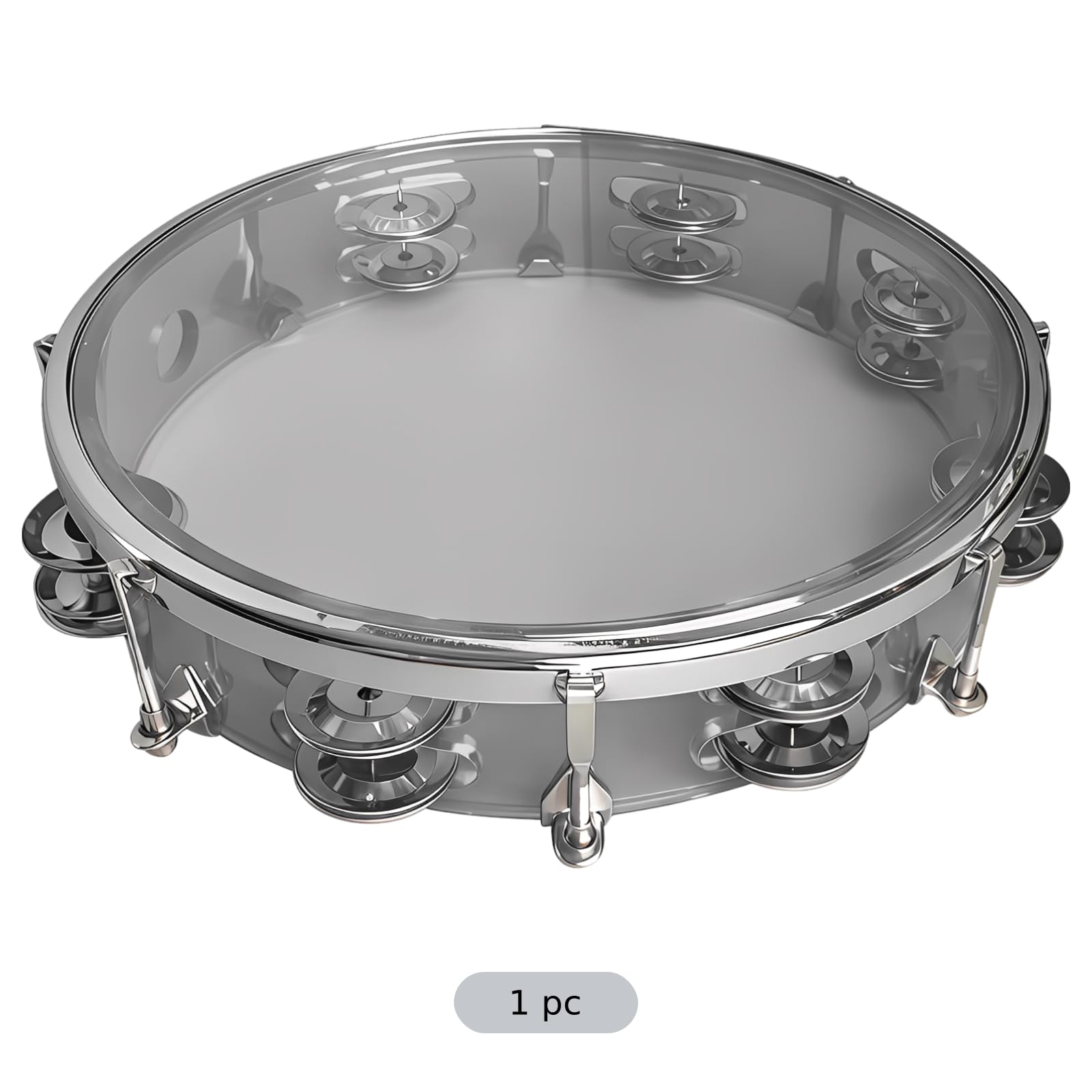 Tamburyn 10 cali / 25 cm, podwójny rząd, przezroczysty instrument perkusyjny z metalową ramą, lekki instrument ręczny, srebrny